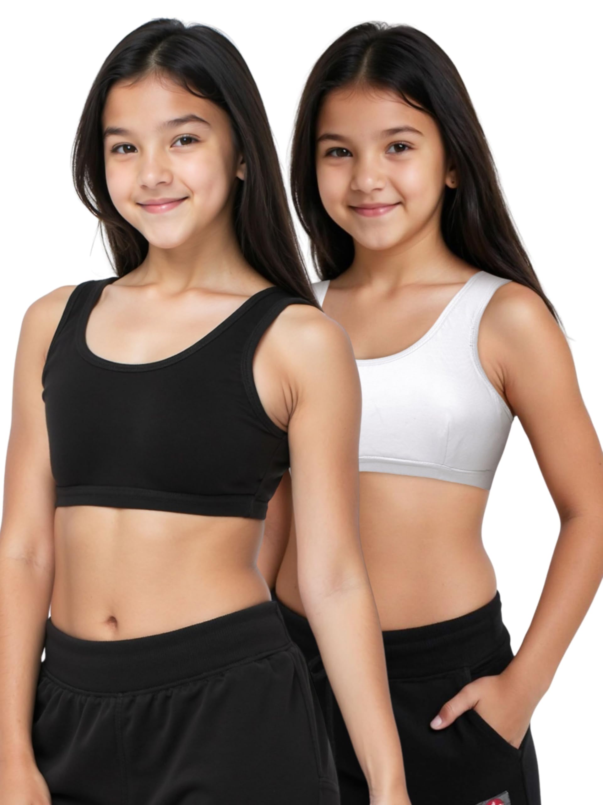 - Essentials Sports Bra for Girls (Pack of 2) Cotton Non-Padded Full Coverage Beginners Non-Wired T-Shirt Gym Yoga Workout Bra with Regular Broad Strap, Training Bra for Teenagers