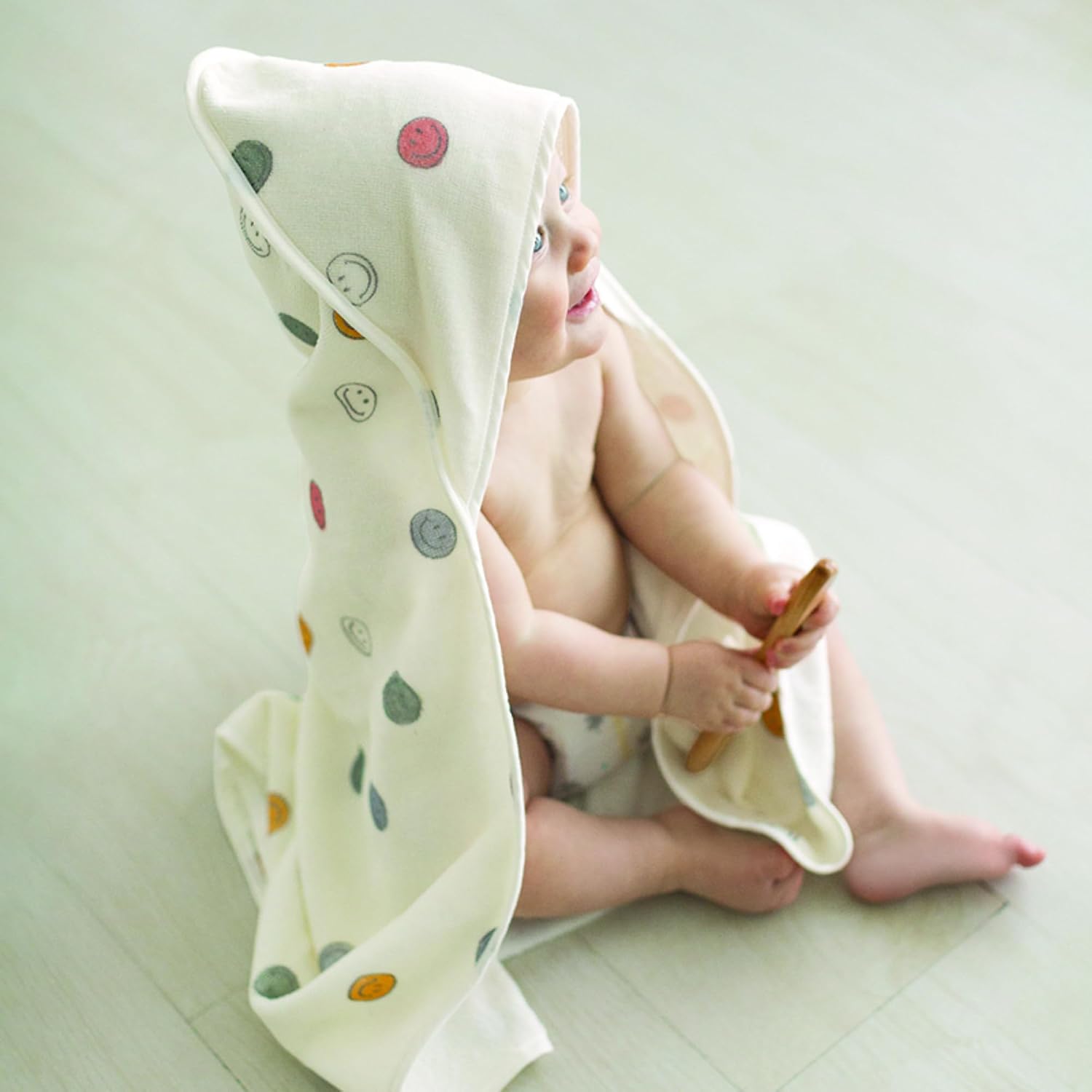 Stephan Baby Hooded Towel - Playful and Soft 100% Cotton Velour Terry Cloth, 29" Square, Smile