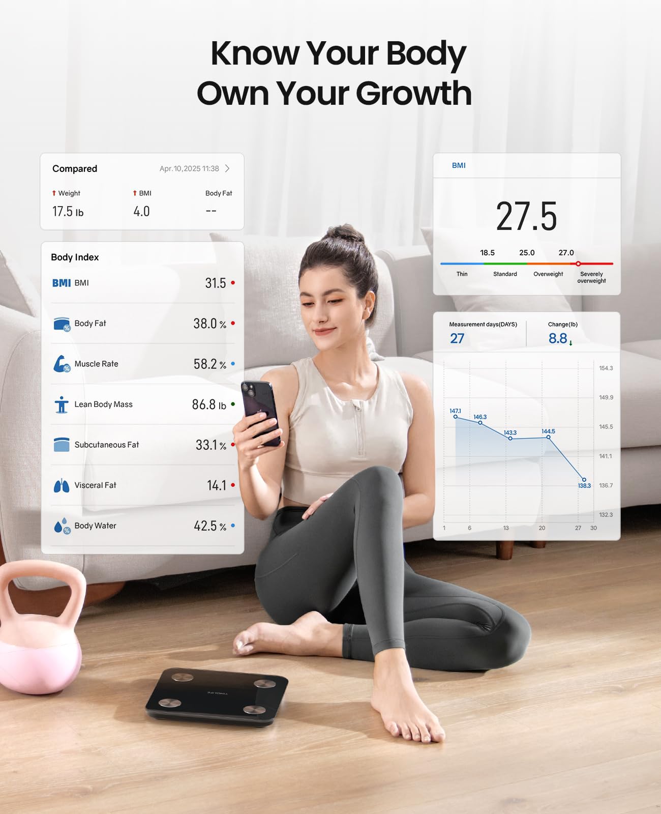 YINOLIFE Bilancia intelligente per il peso corporeo, bilancia digitale da bagno con BMI, grasso corporeo, massa muscolare, bilancia ad alta precisione con display a LED, robusto vetro temperato,