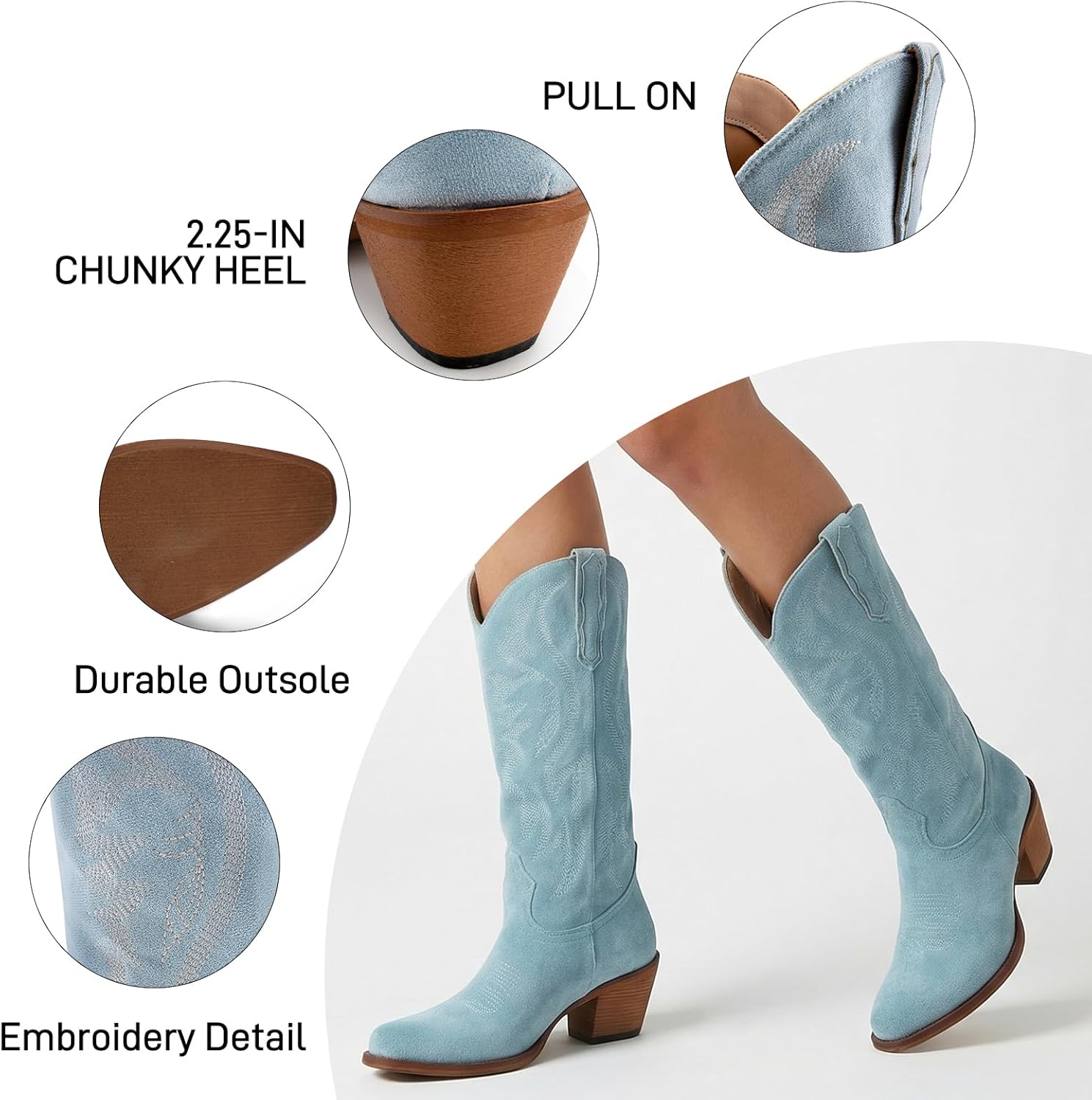 Women Mid Calf Cowboy Boots Western Ponited Toe Embroidered Chunky Heel Cowgirl Boots