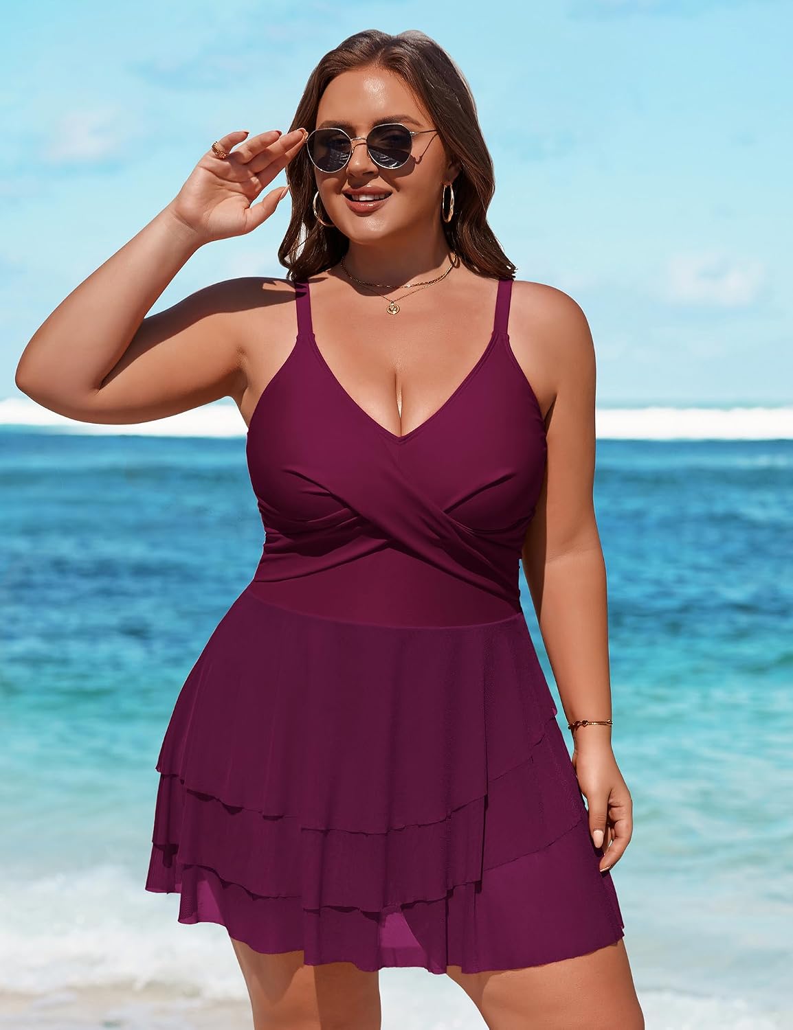Charmo Women Plus Size Swim Dress Swimsuit Mesh Ruffle One Piece Tummy Control Bathing Suit Front Cross Swim Suits 2026