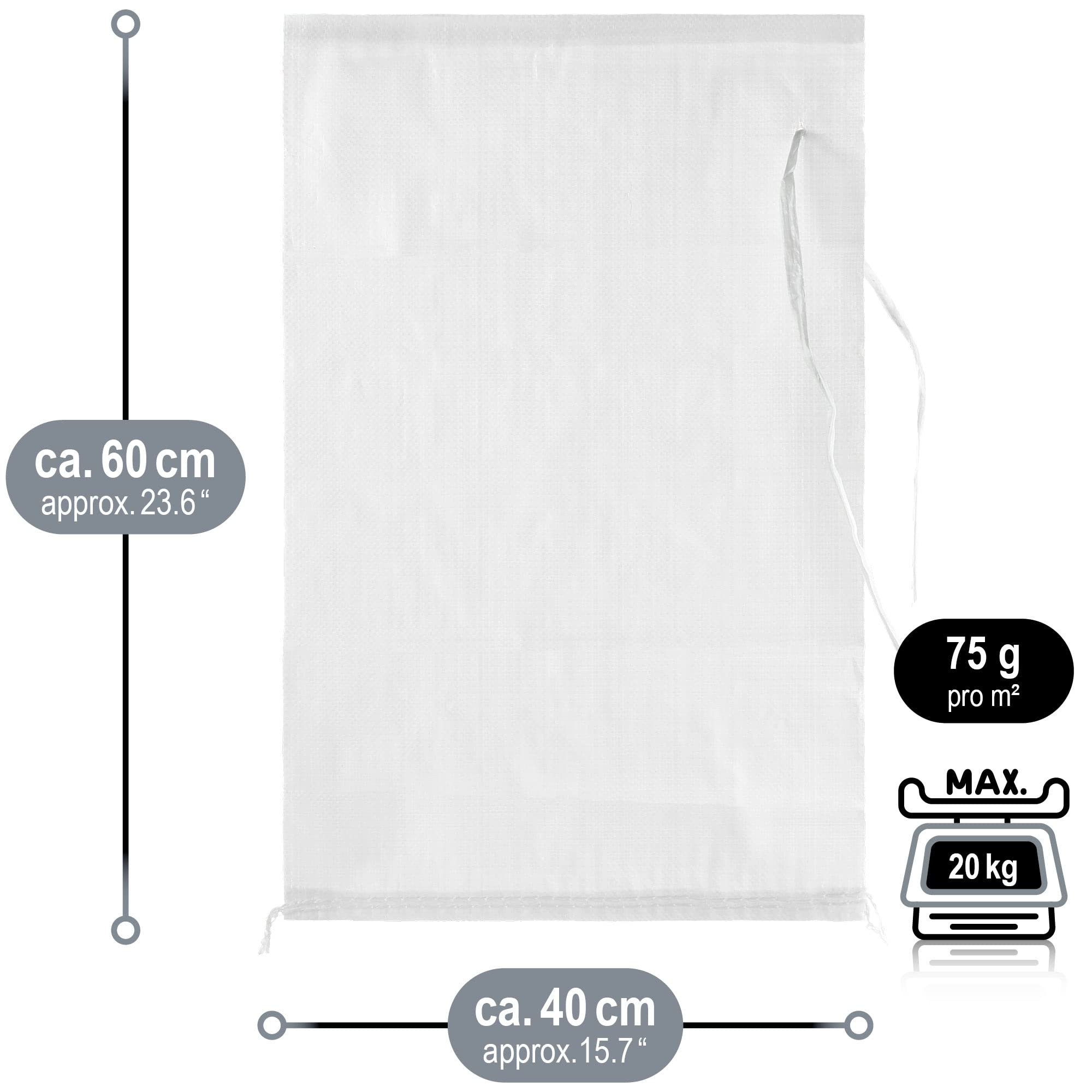 COM-FOUR® 10x sacos de arena de hasta 20 kg - bolsa de PP de primera calidad con correa de sujeción - bolsa de tela extremadamente robusta con cordón de amarre (blanco - 10 piezas - hasta 20 kg)
