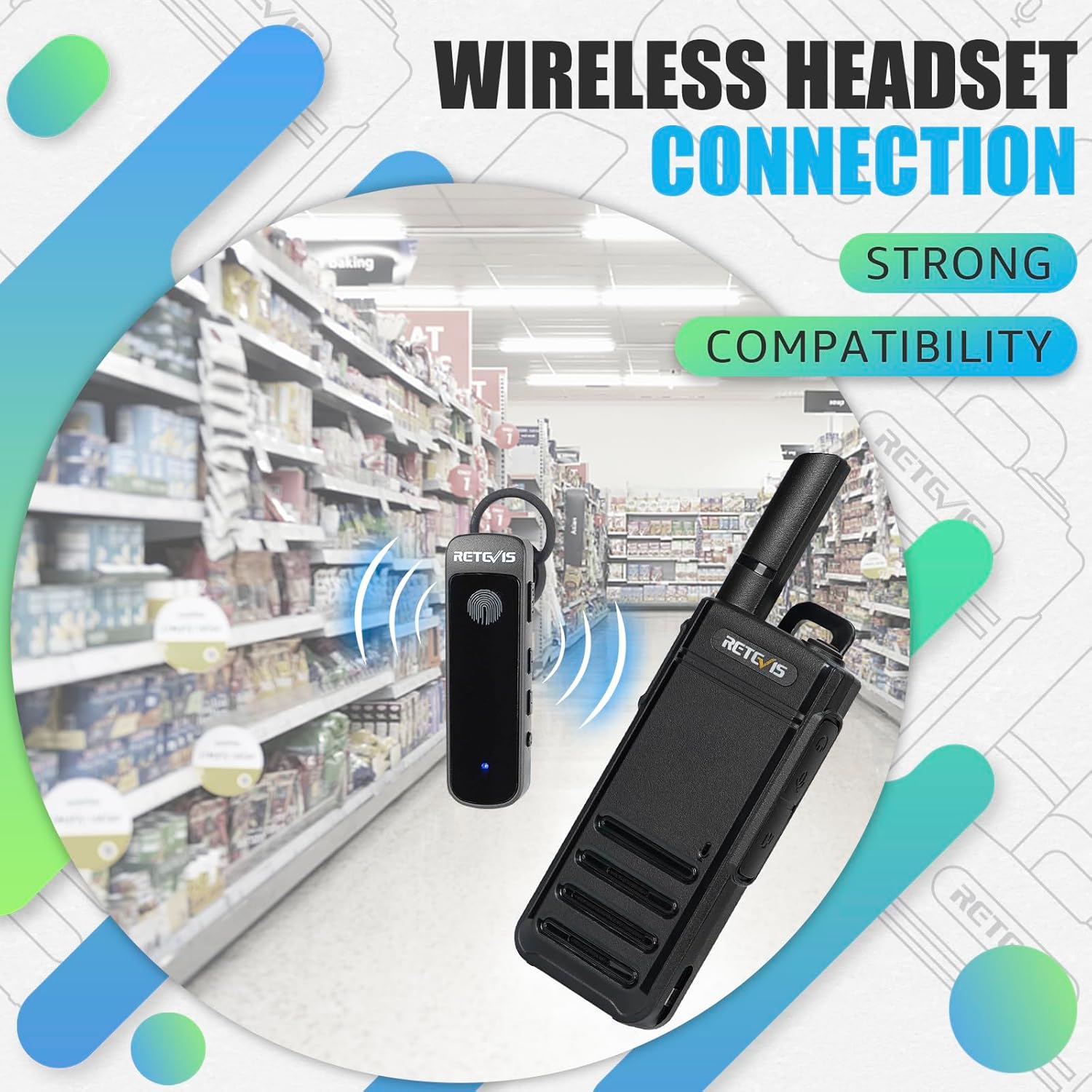 Retevis RB39P walkie talkie wirelessly connected to its earpiece, showing strong compatibility.