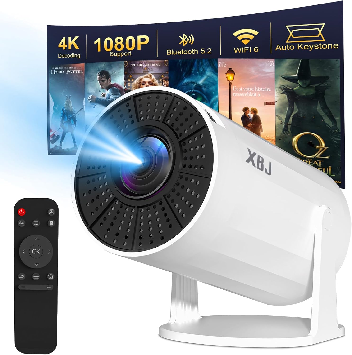 [Built-in Apps] 5G WiFi Bluetooth Smart Projector,4K support HD Portable Projector, Mini Projector with Stereo Speaker. Indoor, Outdoor Use,Compatible with TV Stick Smartphone/ pc/USB（White）