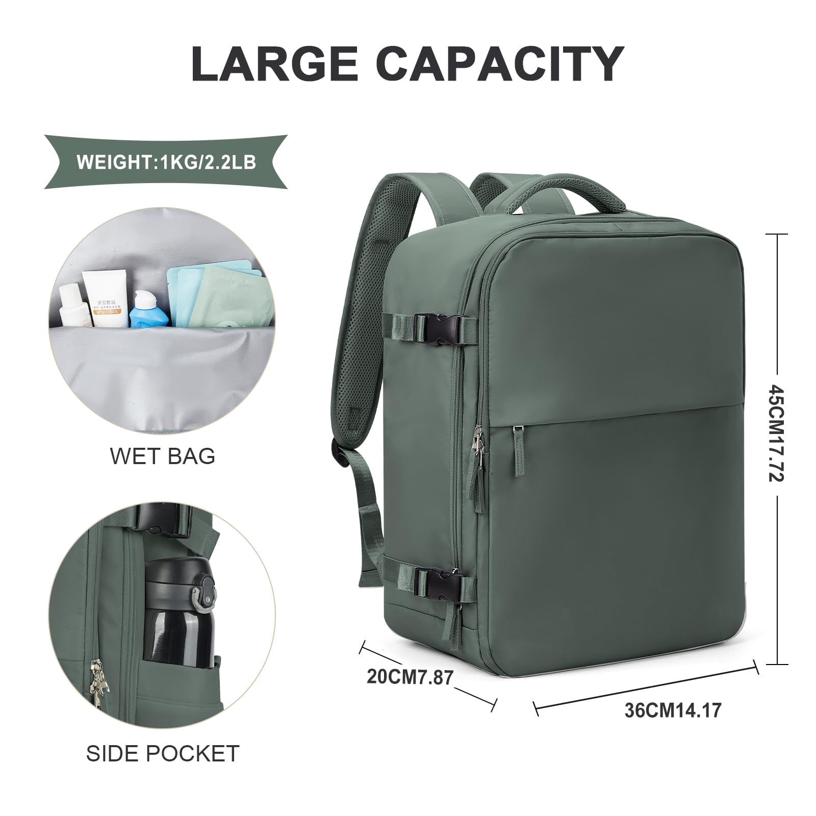 SZLX Zaino da viaggio con Sottovuoto Zaino Ryanair 40x20x25 Bagaglio a Mano Easyjet 45x36x20 Donna Borse da Cabina Impermeabile Uomo Adatto a PC da 14 pollici Travel Backpack per Sportivo Trekking
