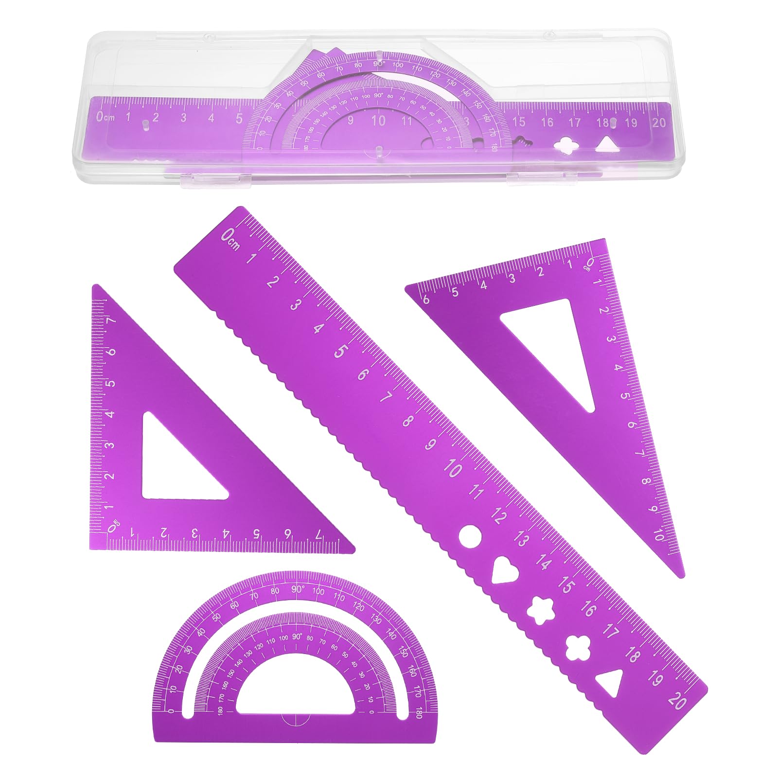 PATIKIL 4 Pcs Geometry Drafting Tool, Aluminum Alloy Geometry Kit Math Tool Includes 20cm L Ruler Protractor Triangles for Drafting Angle Measure Simple Science Experiment, Purple