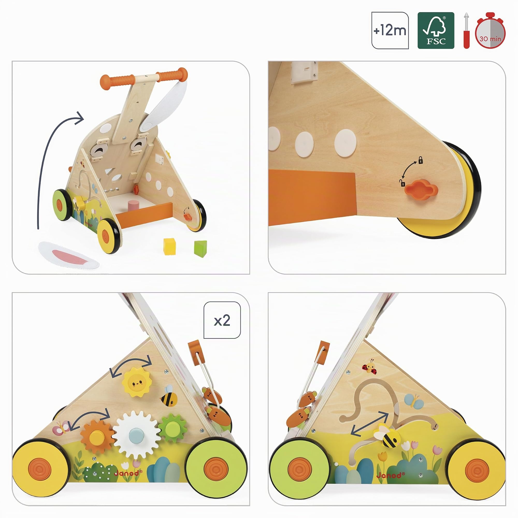 Janod - Carro multiactividad para Granjas - Carro de Madera para Empujar - 9 Actividades - Sistema de Frenado Patentado y Ruedas Silenciosas - Juguete Evolutivo para Niños - A Partir de 12 Meses