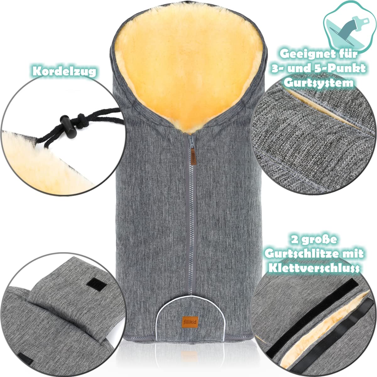 Merino Lammfell Fußsack Winterfußsack für Kinderwagen Baby universal für Babyschale Autositz Gr. 0 (Hellgrau Melange)