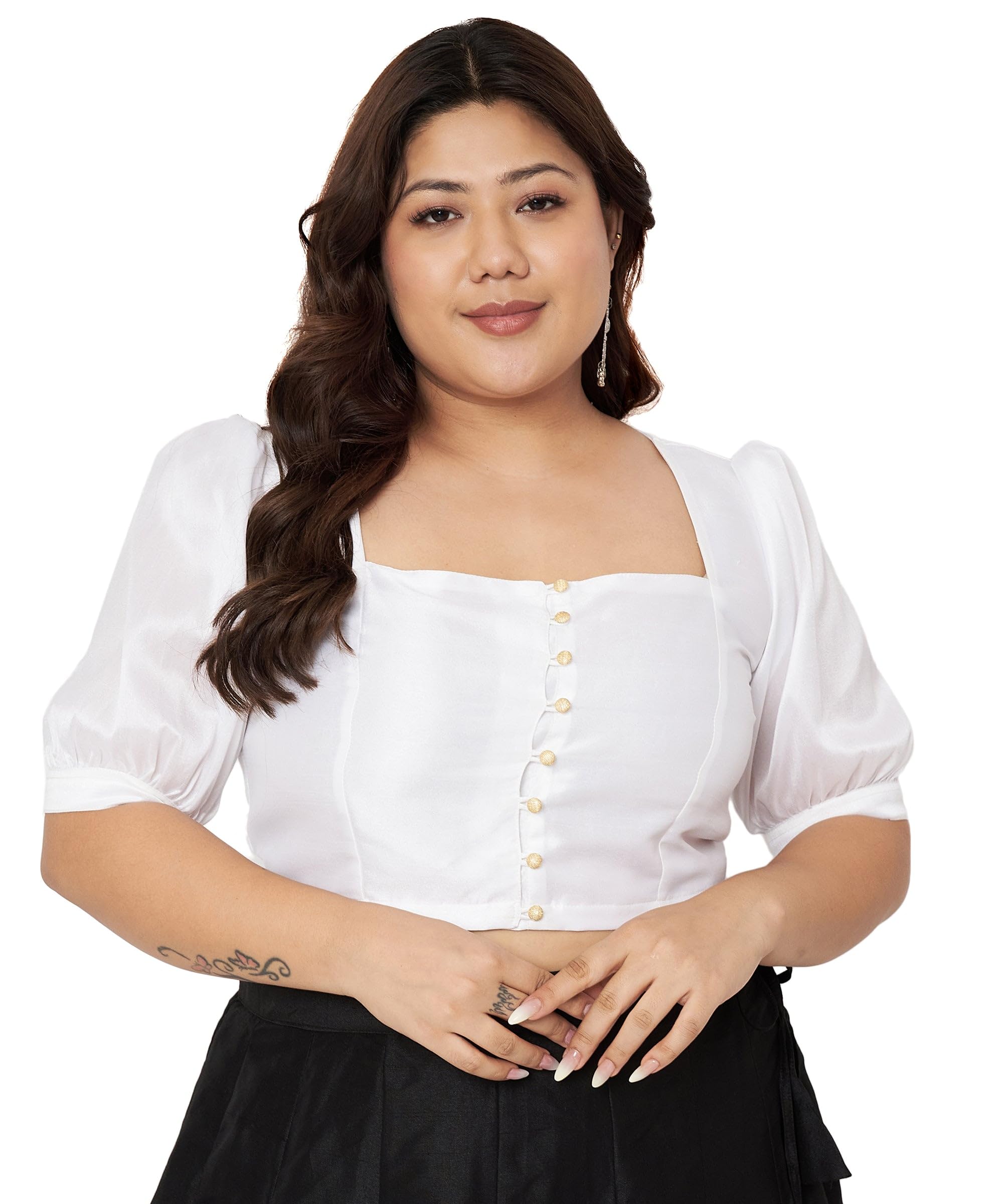 studio rasa Women's Plus Size Silk Blend Button Down Crop Top for Wedding Festive Party-picture-24