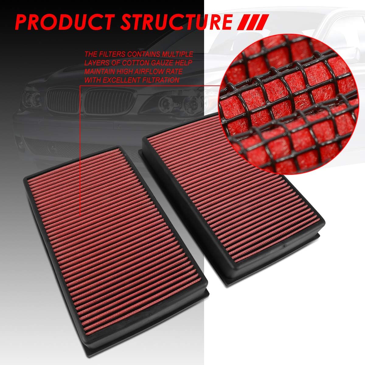 Auto Dynasty High Flow Engine Air Panel Filter Drop-in Reusable & WashablePair Compatible with BMW E65 7-Series Alpina B7 02-10 / Phantom 04-18 (Red)
