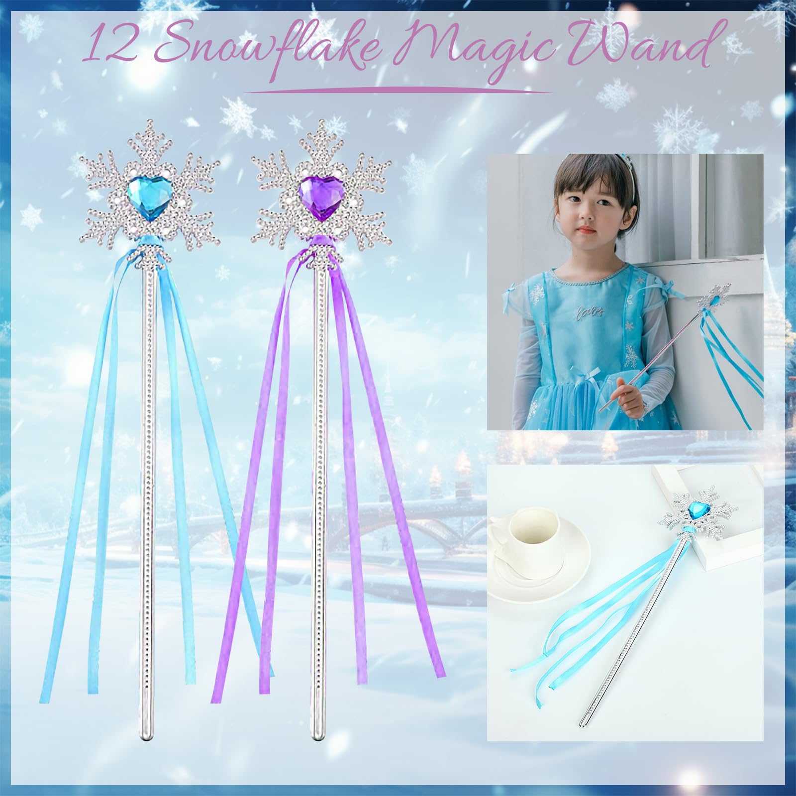 Accesorios para fiesta temática de copos de nieve para cumpleaños infantil, varita mágica, llavero, pulsera a presión, pegatinas, sello, pinzas para el cabello, cuaderno, accesorios para fiesta