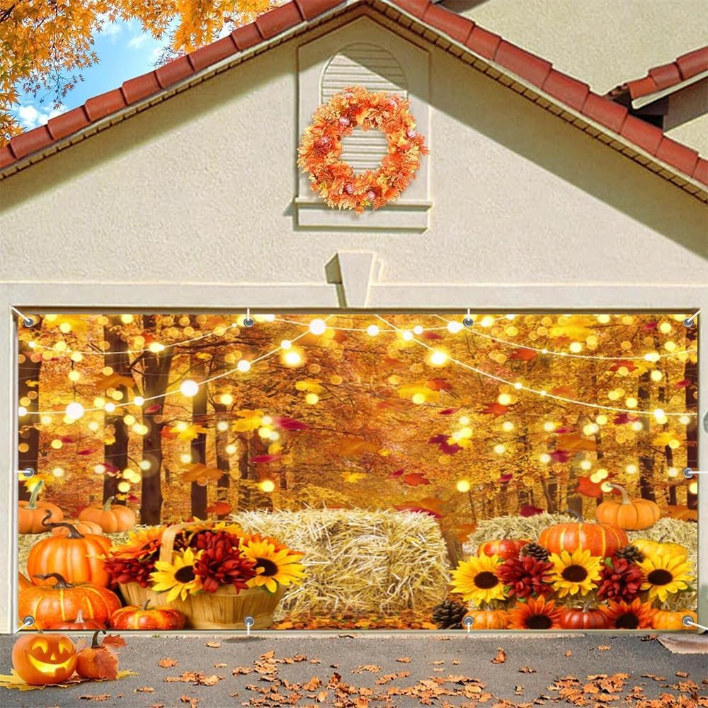 Fall Thanksgiving Garage Door Cover Decorations Banner Backdrop 7x16ft,Large Hanging 2 Car Autumn Garage Door Cover,Maple Forest Pumpkin Haystack Backdrop Wall for Indoor Outdoor Holiday Decorations