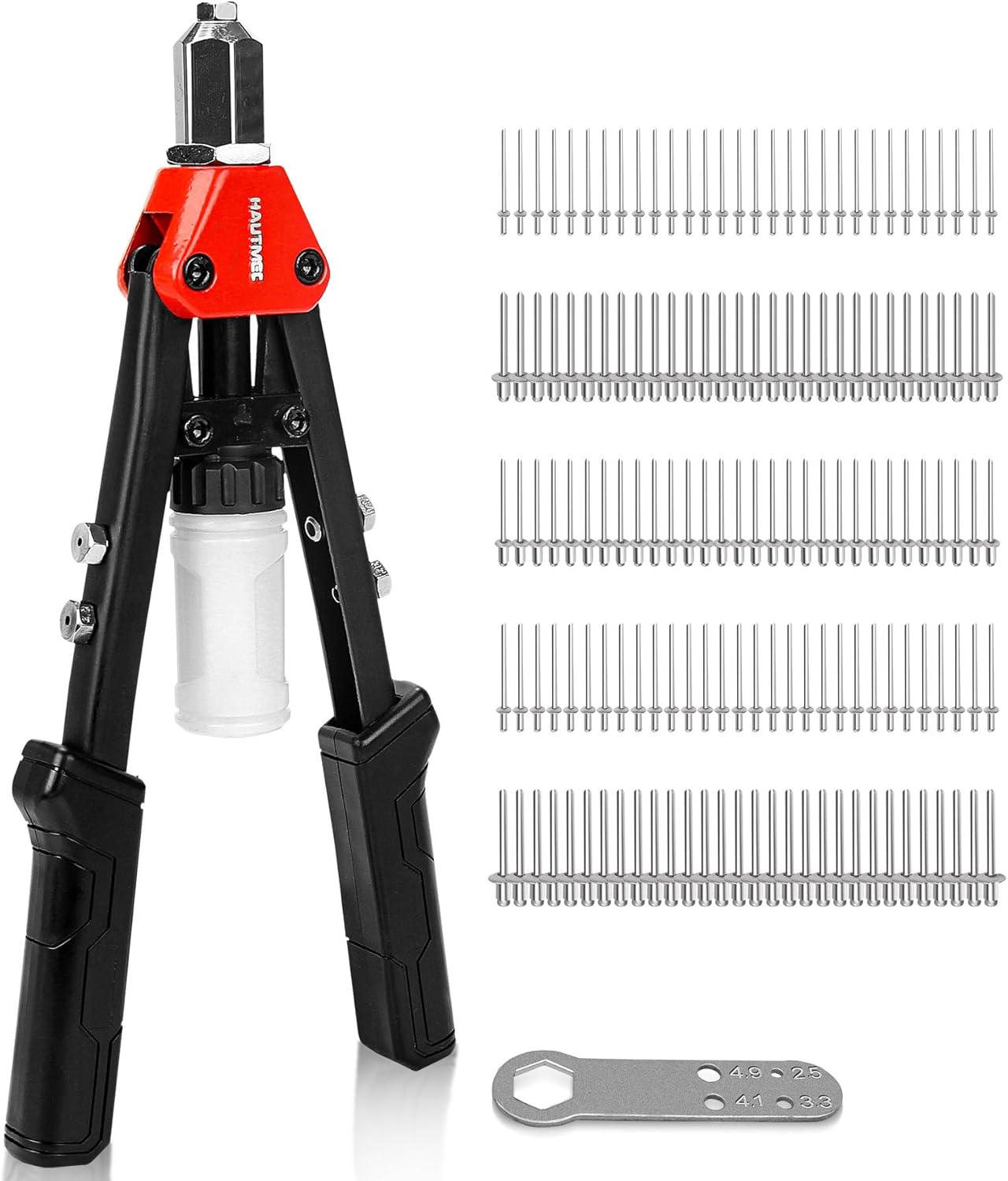 HAUTMEC 5-in-1 Rivet Gun with 150Pcs Rivets 13" Pop Rivet Tool with Portable Wrench and Rivets Collecting Bottle Heavy Duty Hand Riveter for Metal, Aluminum, Steel HT0435-HR