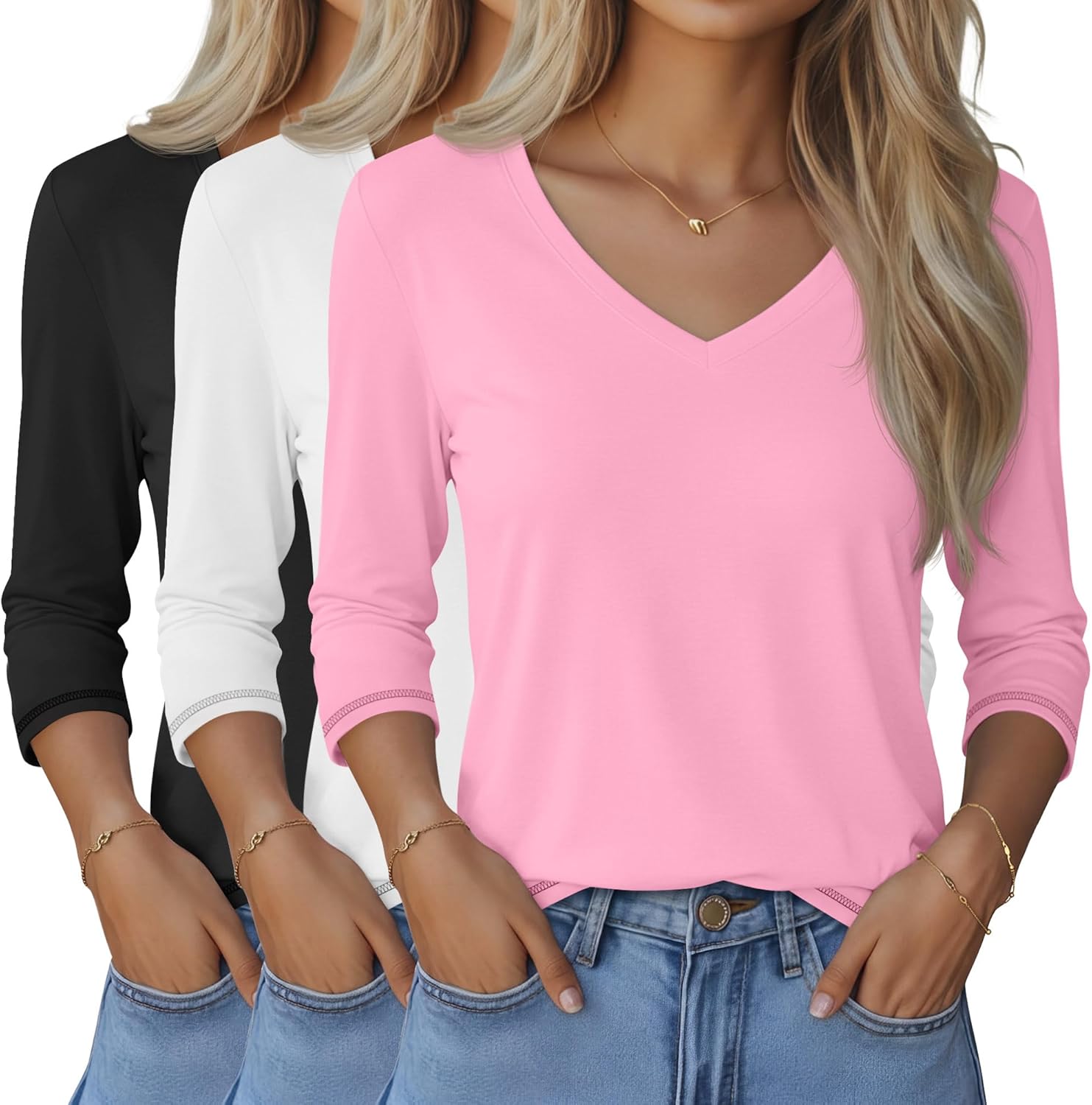 Ficerd 3 Pack Women’s 3/4 Length Sleeve Tops V Neck T Shirts Loose Fit Blouses Casual Tees 2026 Fashion Clothes