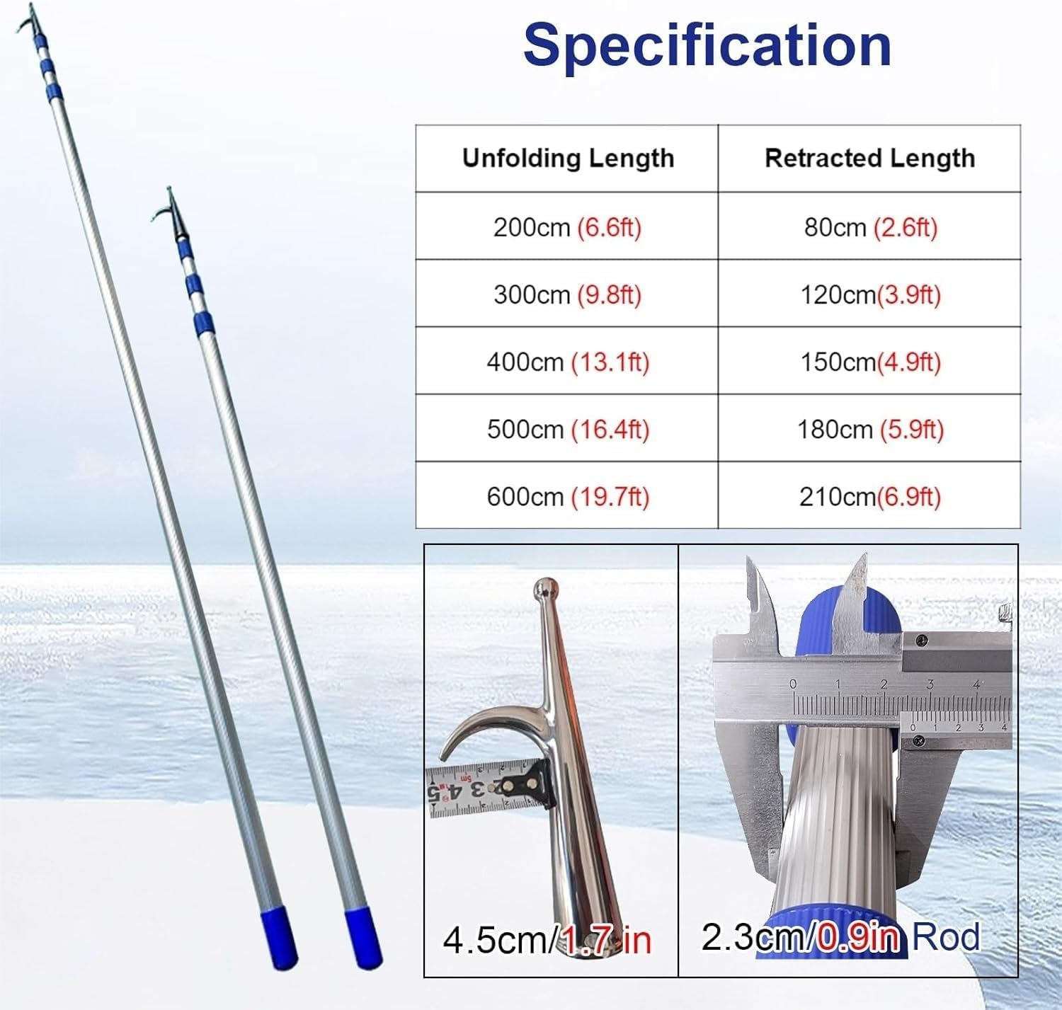 Aluminum Telescopic Boat Hook - 19.7ft Extendable Docking Pole, Lightweight Rescue Tool & Pushing Stick, Ideal for Water Safety & Boat Cable Retrieval