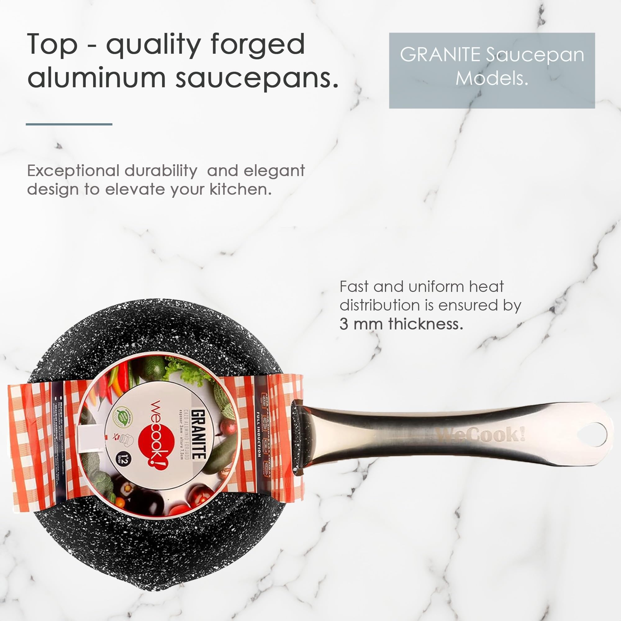 WECOOK! Granite Cazo Inducción Completa 20 cm, Aluminio Forjado, Antiadherente Ecológico Piedra sin PFOA, Mango Acero Profesional, Apto Todas las Cocinas, Vitrocerámica, Gas