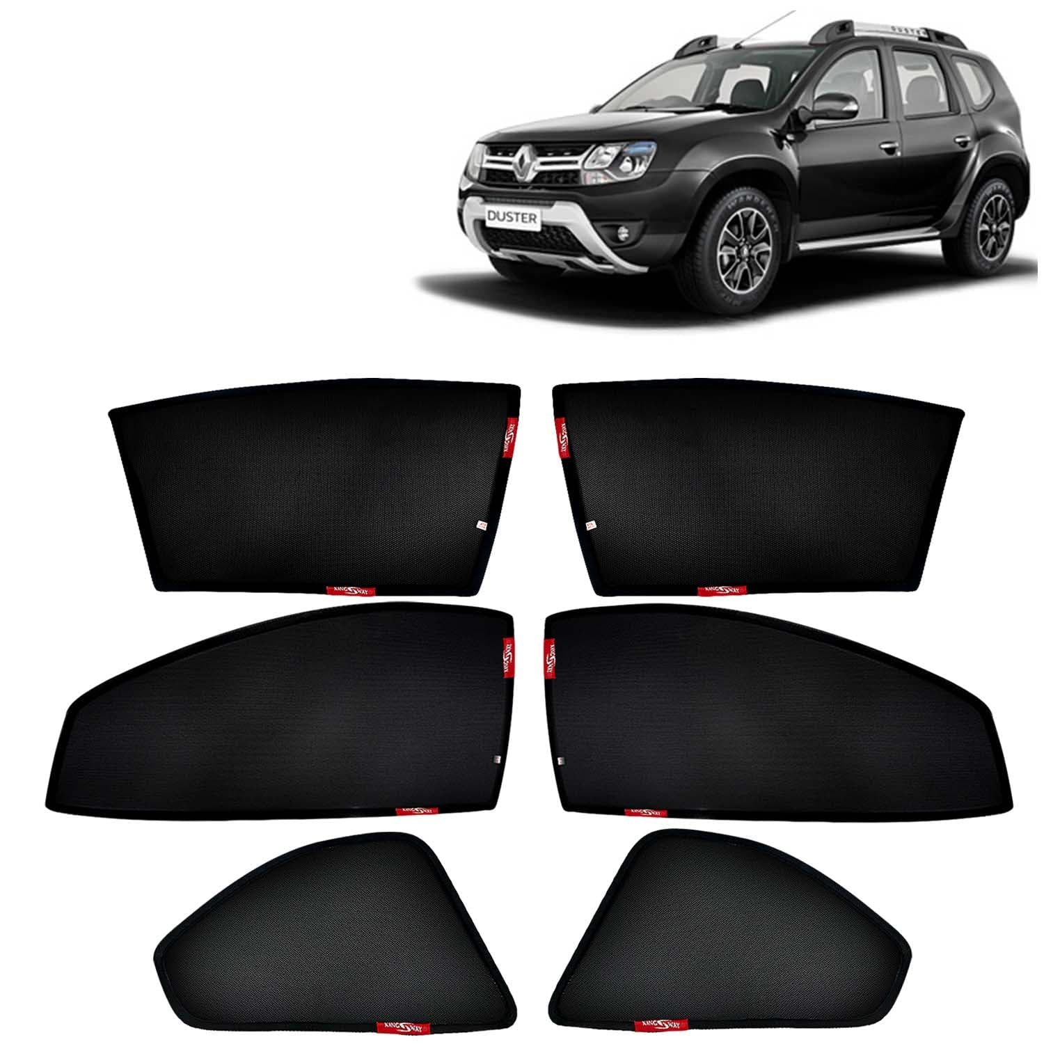 KINGSWAY Fix Type Z-Black Side Curtains Sunshades for Car Compatible with Renault Duster (2014-2022) - Enhanced Sun Protection & Privacy, Half Cut in Front Window, Complete Set of 6 Piece