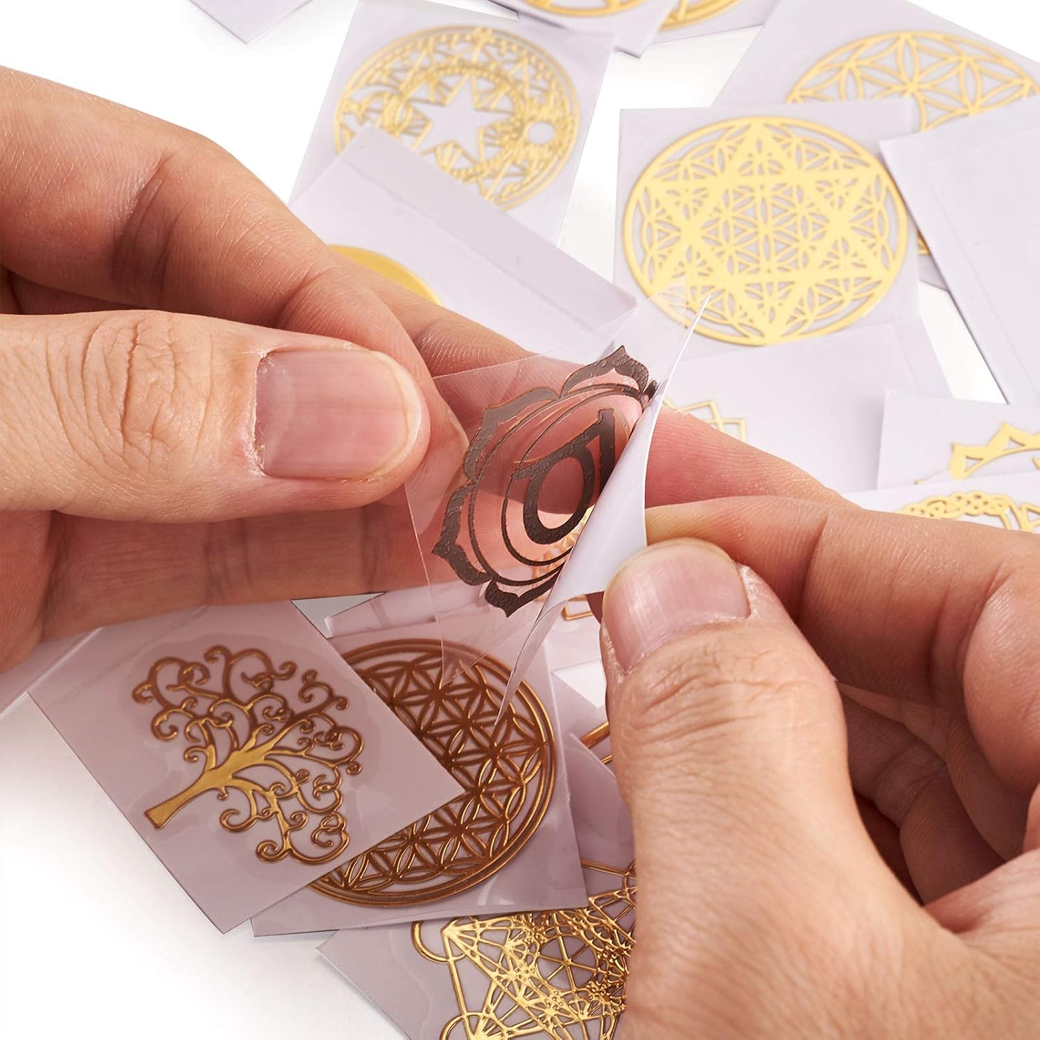 Craftdady 40pcs Golden Geometry Orgone Metal Sticker Chakra Flower of Life Spiritual Self Adhesive Sticker Resin Filler with Natural Gemstone Clip for Energy Tower Resin Craft Album Scrapbook