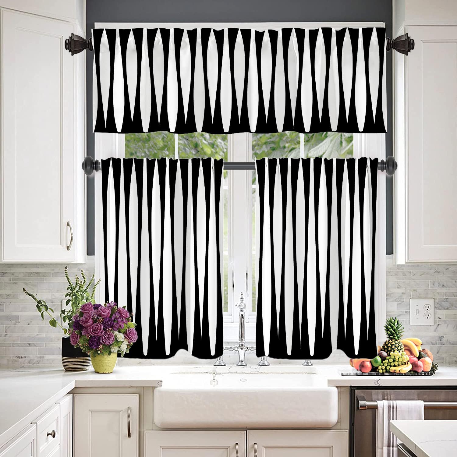 Black Modern Curve Stripes Cafe Curtains 36 Inch Length, Black White Zebra Stripe Blackout Tier Curtain Multilayer Polyester Short Kitchen Drapes 2 Pack 36X26 Inches
