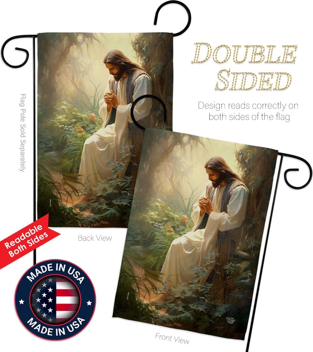 Jesus in Prayer Flag Memorial Stake Patio Lawn Outdoor Post Tapestry Yard Signs Cemetery Decorations for Grave Poster Easter Decor Christian Gifts Made in USA