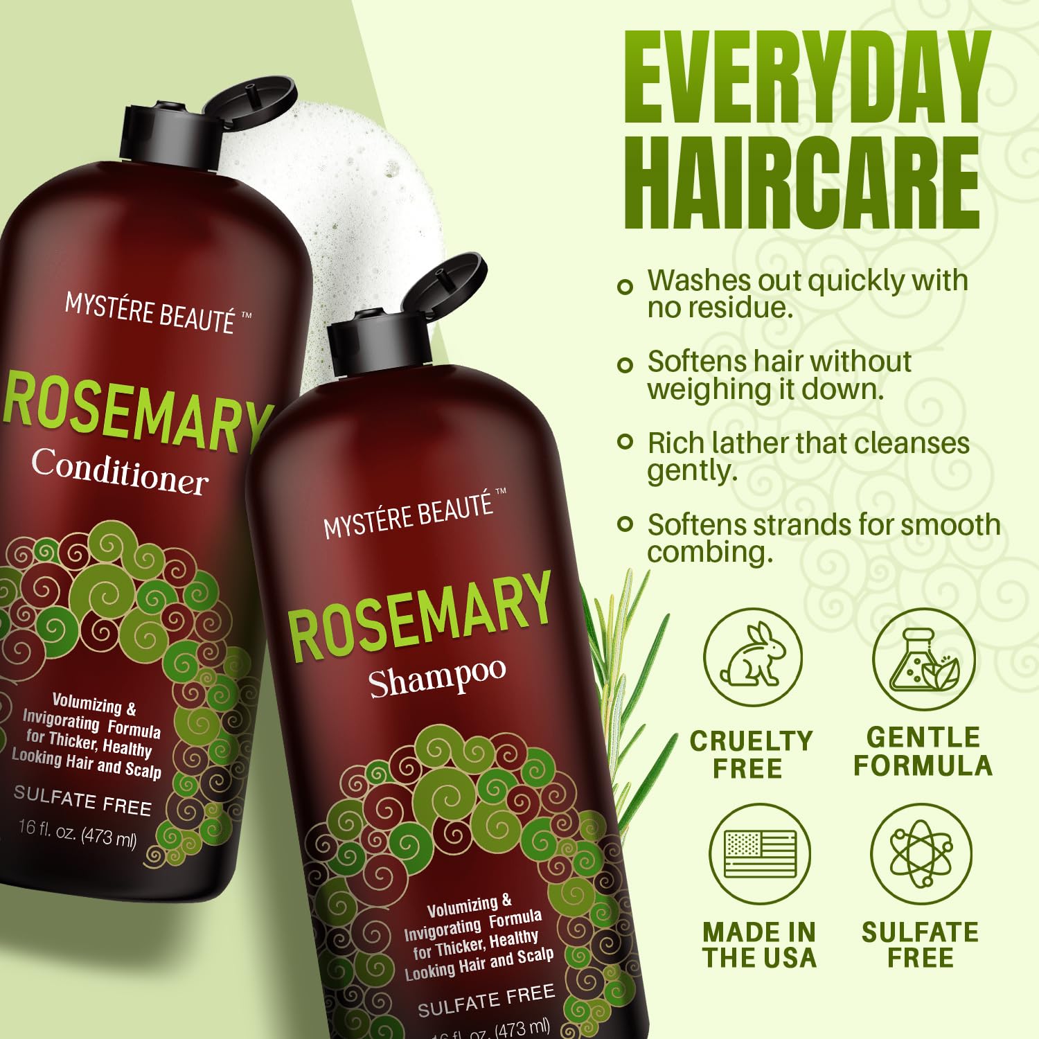 Rosemary Shampoo and Conditioner for Hair Growth, Sulfate Free Organic Rosemary Oil Shampoo De Romero Para Crecimiento, Promotes Hair Growth & Scalp Health, for Men Women - 16 fl oz each - Image 4