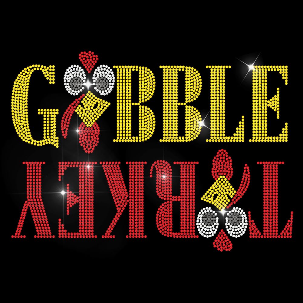 MAYJOYDIY Thanksgiving Turkey Rhinestone Iron on Hotfix Transfer Gobble Words Heat Transfer Sticker Festive Turkey Bling Clothing Decoration Applique for Shirt Bag Hat Jacket Jeans Shoes DIY Crafts
