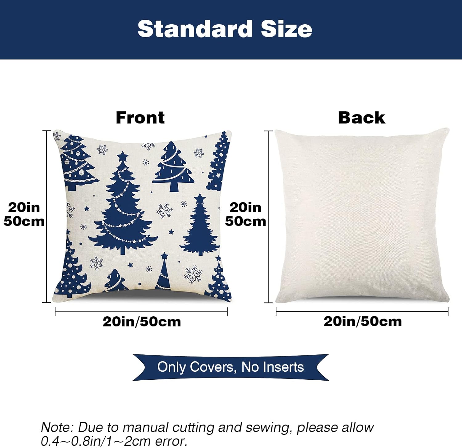 Christmas Pillow Covers 20X20 Navy Blue Christmas Throw Pillow Covers Farmhouse Pillow Cases Snowflake Holiday Decoration Pillowcases Xmas Trees Elk Deer Cushion Covers for Sofa Couch Set of 4