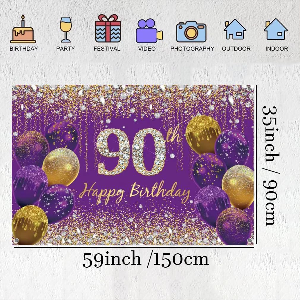 90th Birthday Decoration Women, Purple Fabric Sign Poster Birthday Party Decoration Background Banner Women, 90th Birthday Party Decoration, 59"x35.4" - Image 2