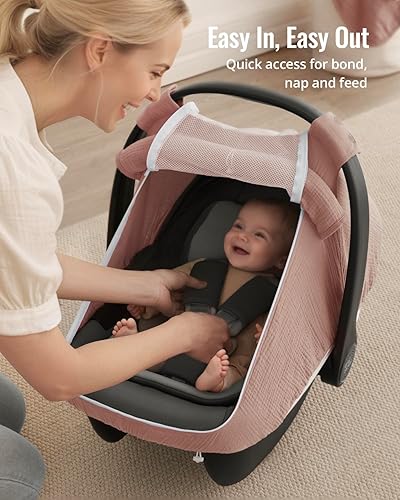 Miniatura 5 de Blissful Diary Funda de asiento de coche para bebé, ventana de malla extra grande, algodón de muselina transpirable, toldo resistente al viento para