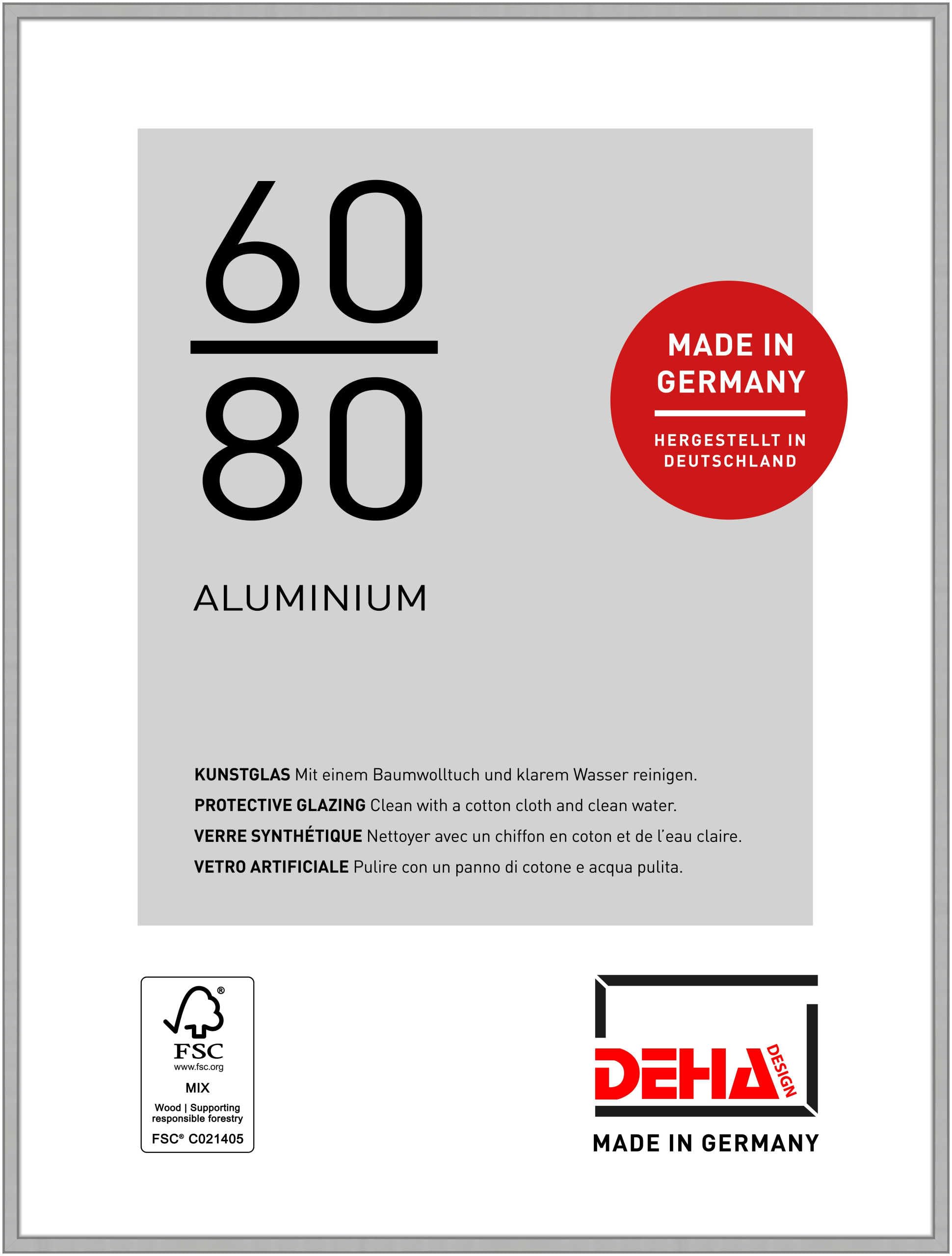 Deha Design Frosted Silver Boston Aluminium Picture Frame - 60X80 Cm – - With Synthetic Glass And Push/Turn Clips