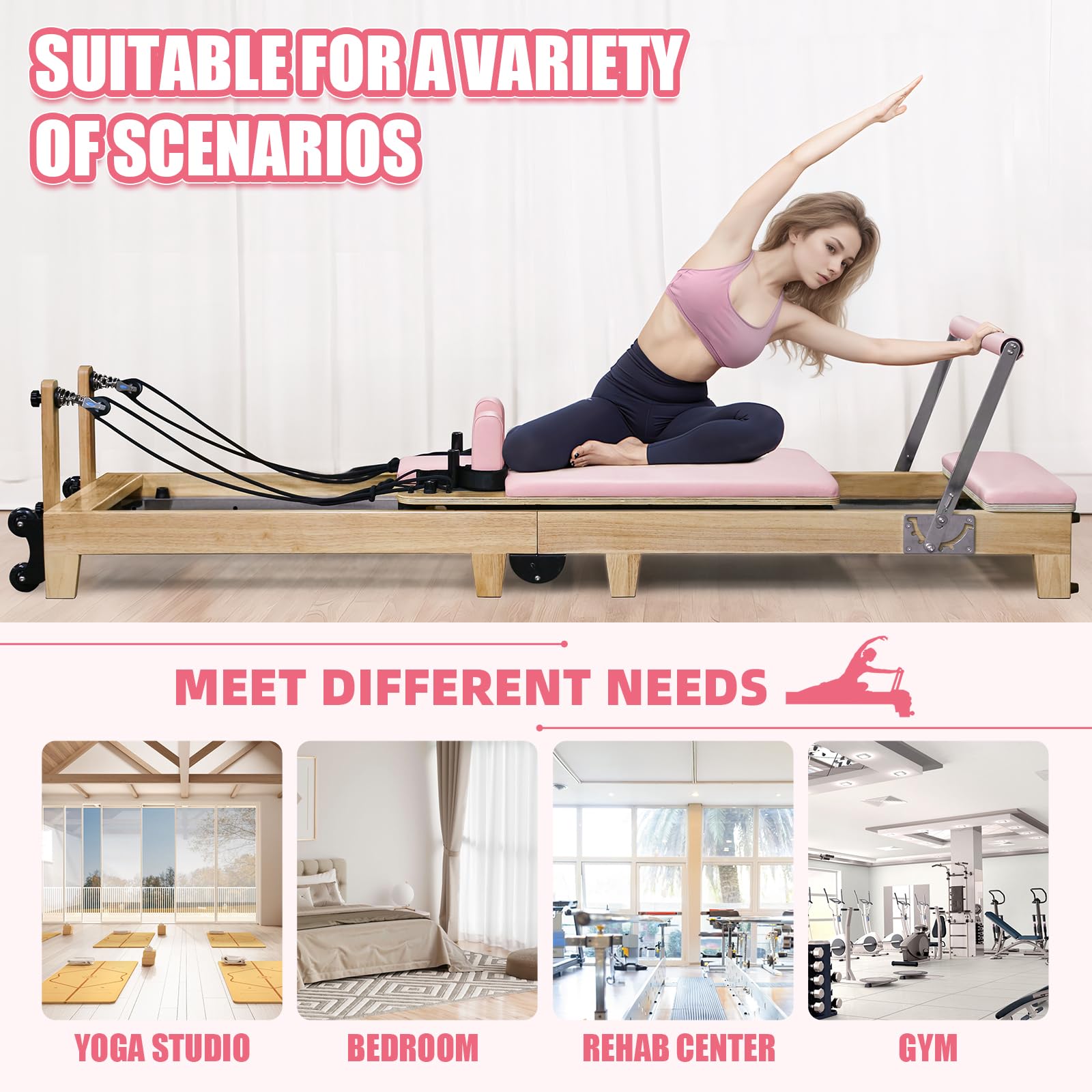 Foldable Pilates Reformer & Equipment for Home use One-Piece Rubber Wood Foldable Reformer Pilates Machine, Pilates Bed for Studio Home Gym Yoga Workout Mute Pilates Chair( Pink)