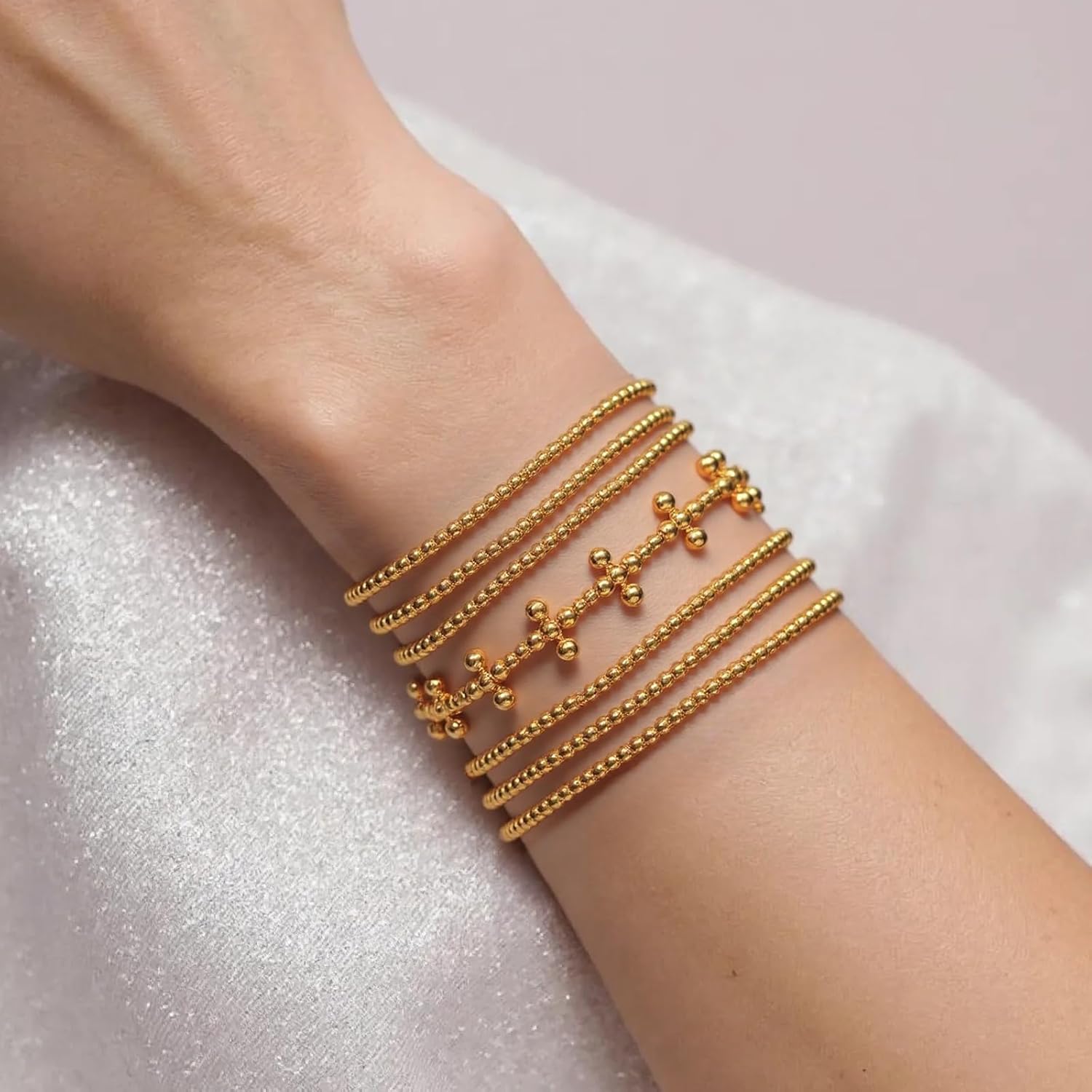 Gold Beaded Bracelets for Women Gold Plated Stackable Cross Layering Bracelet Stack Stretch Bead Bracelet Set Trendy Jewelry Gift for Her - Image 6