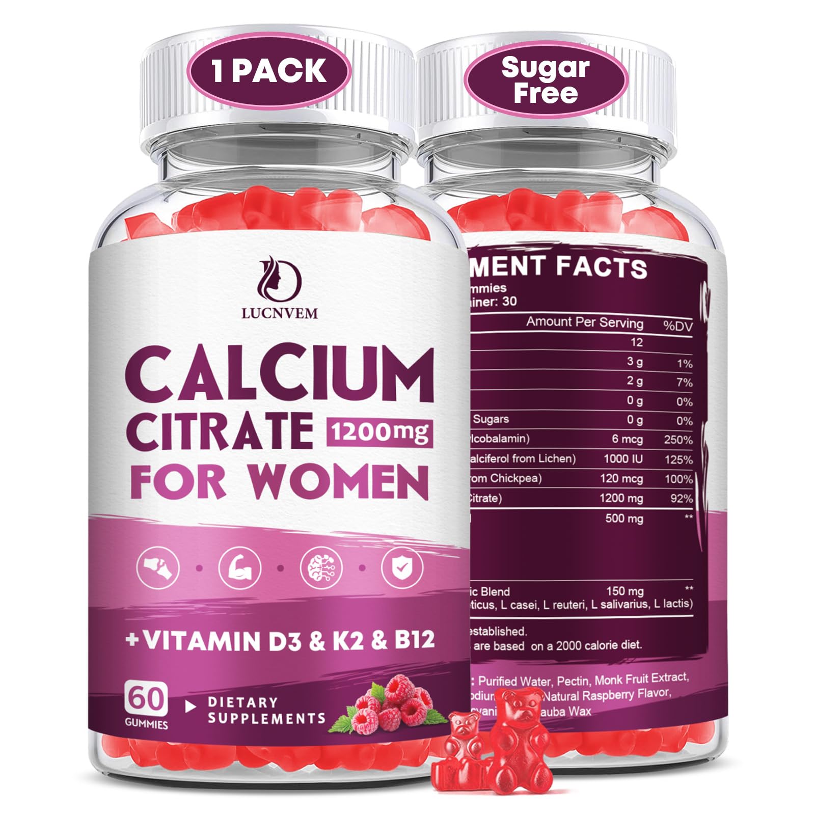 Calcium Gummies for Women, Calcium Citrate 1200 mg with Vitamin D3 K2 B12