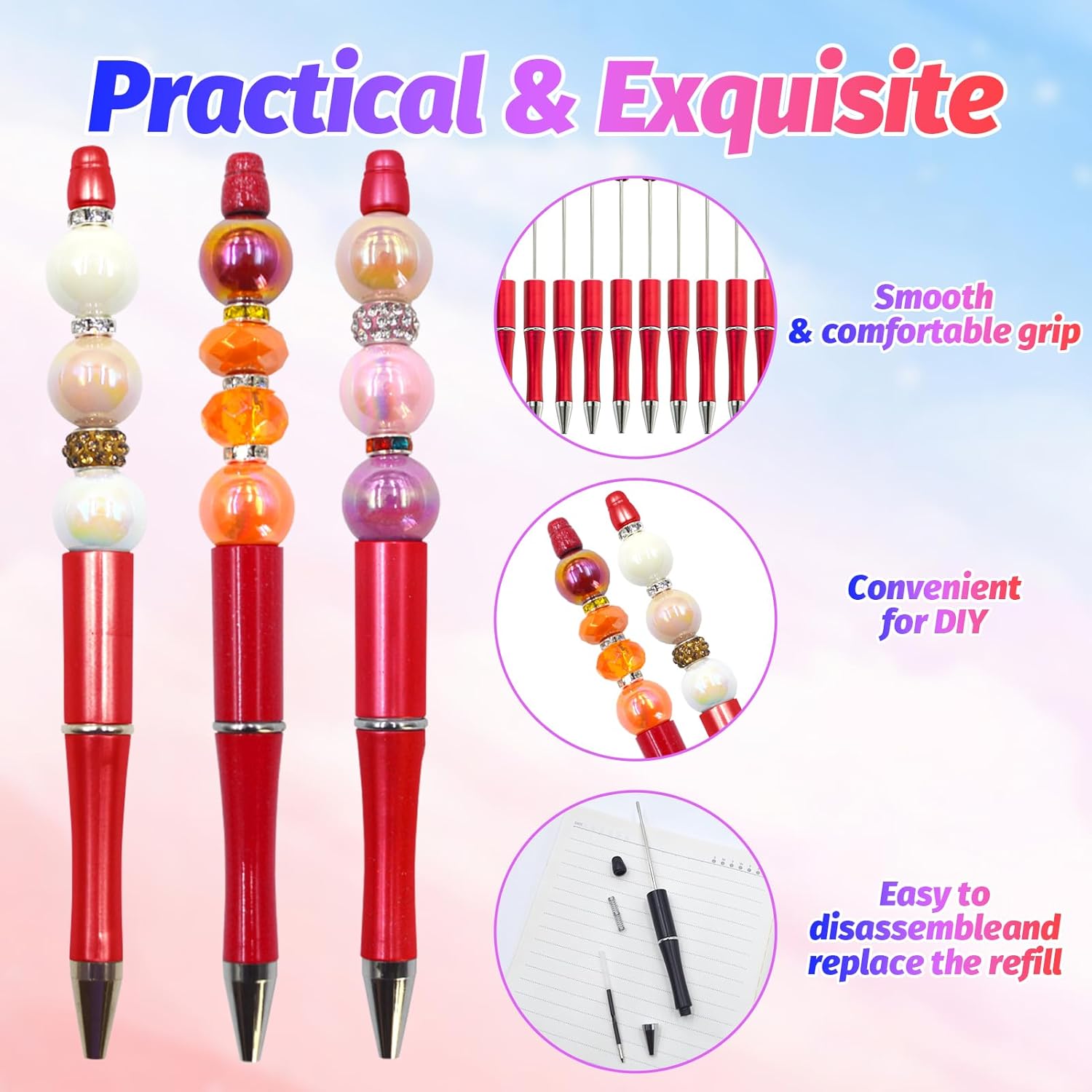 300 Pieces DIY Beadable Pens Kit - 100 plastic Beadable Pens Bulk, Refills & pen bags Included - Beaded Pens Black Ink Ballpoint Cute Pens（Red）