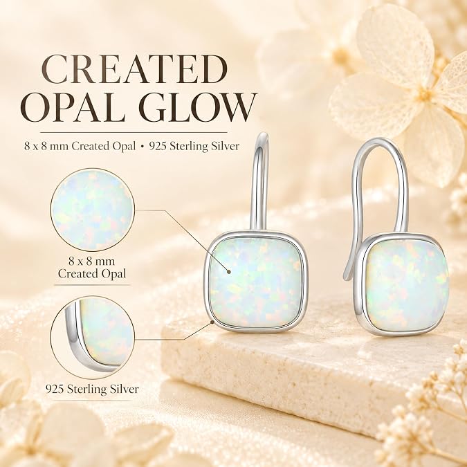 Opal Hook Earrings, 925 Silver Square October Birthstone Jewelry