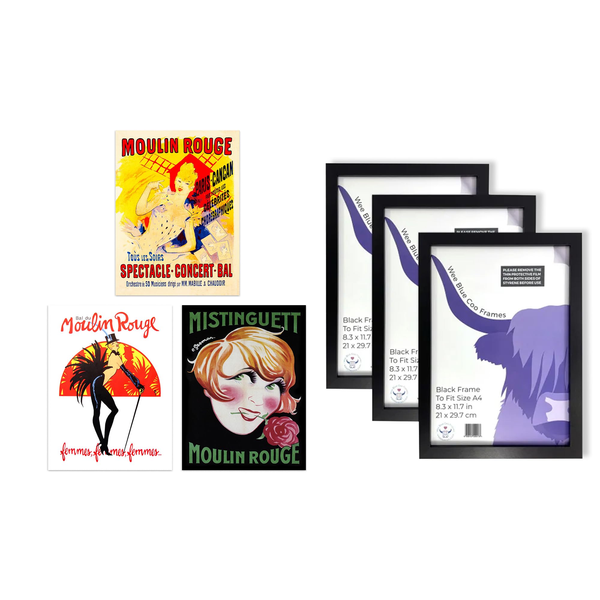 Artery8 Moulin Rouge Wall Art - Set of 3 A4 Sized Art with Black Frames - Burlesque Cabaret Girls Paris France Vintage Advertising