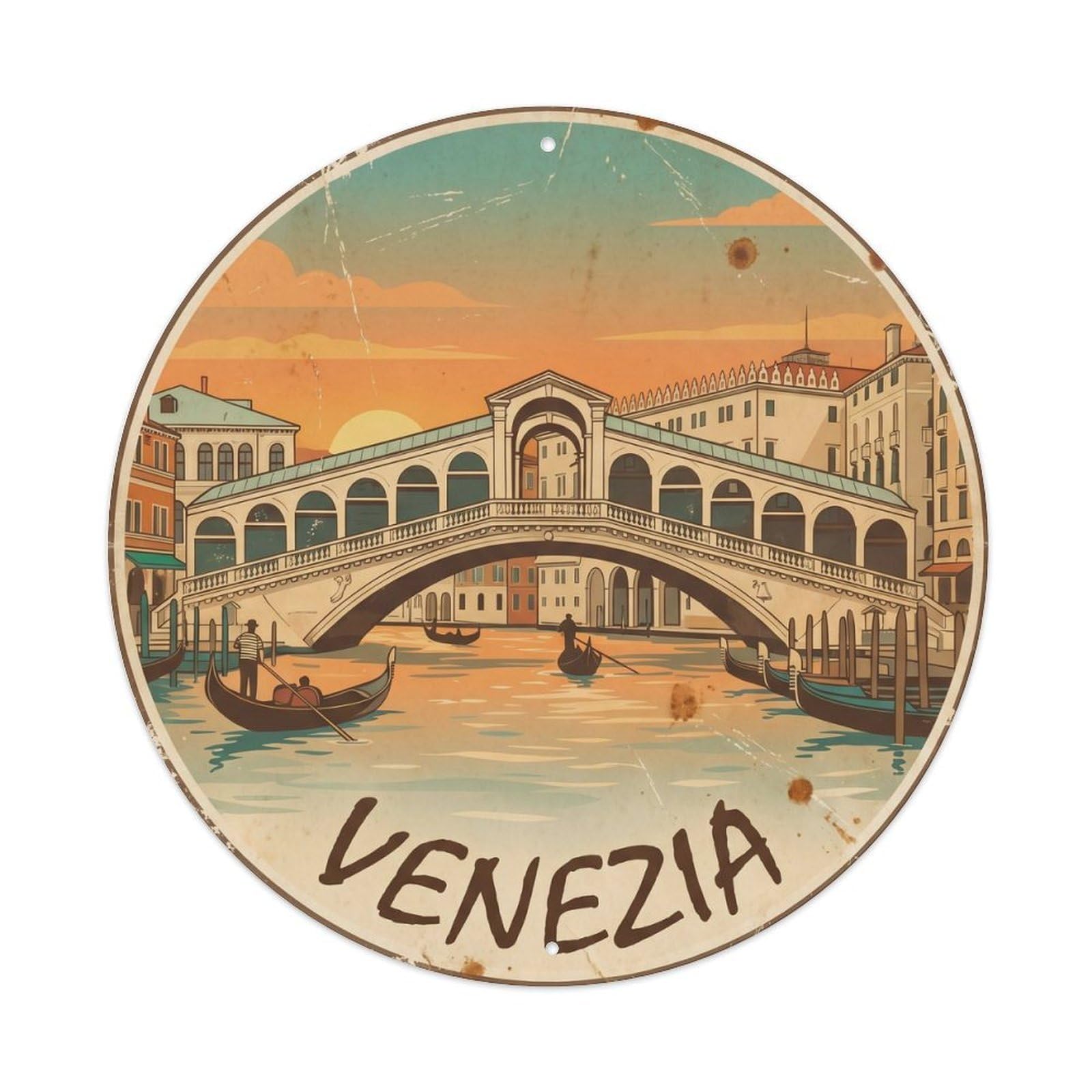 Vintage Travel Venice Rialto Adventure Metal Tin Sign Plaque Wall Decor for Cafe, Club Bar, Office, Home Garden Round Metal Poster 8x8Inch