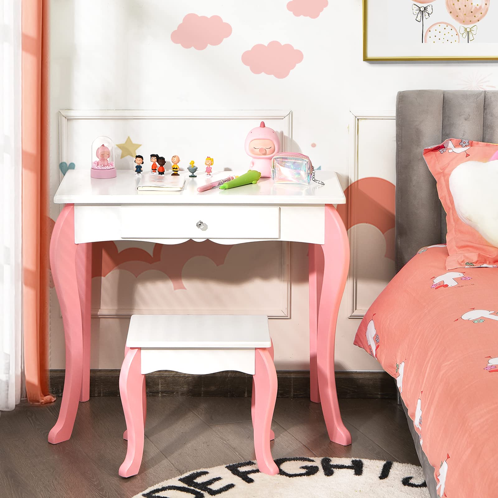 RELAX4LIFE Toeletta con Sgabello per Bambini, Tavolo da Trucco con Specchio Cosmetico Girevole, Struttura Antiscivolo con Sicurezza Anti Ribaltamento, Scrivania e Sgabello da Cameretta (Bianca)