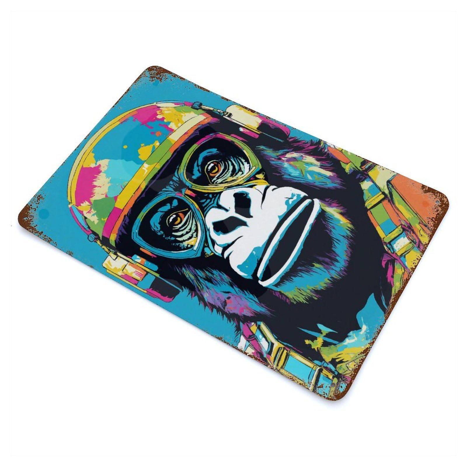 Garage Style Colorful Gorilla Pilot Portrait Aged Metal Wall Plaque 11.8"x7.9", Farmhouse Wall Decor for Bar And Workshop