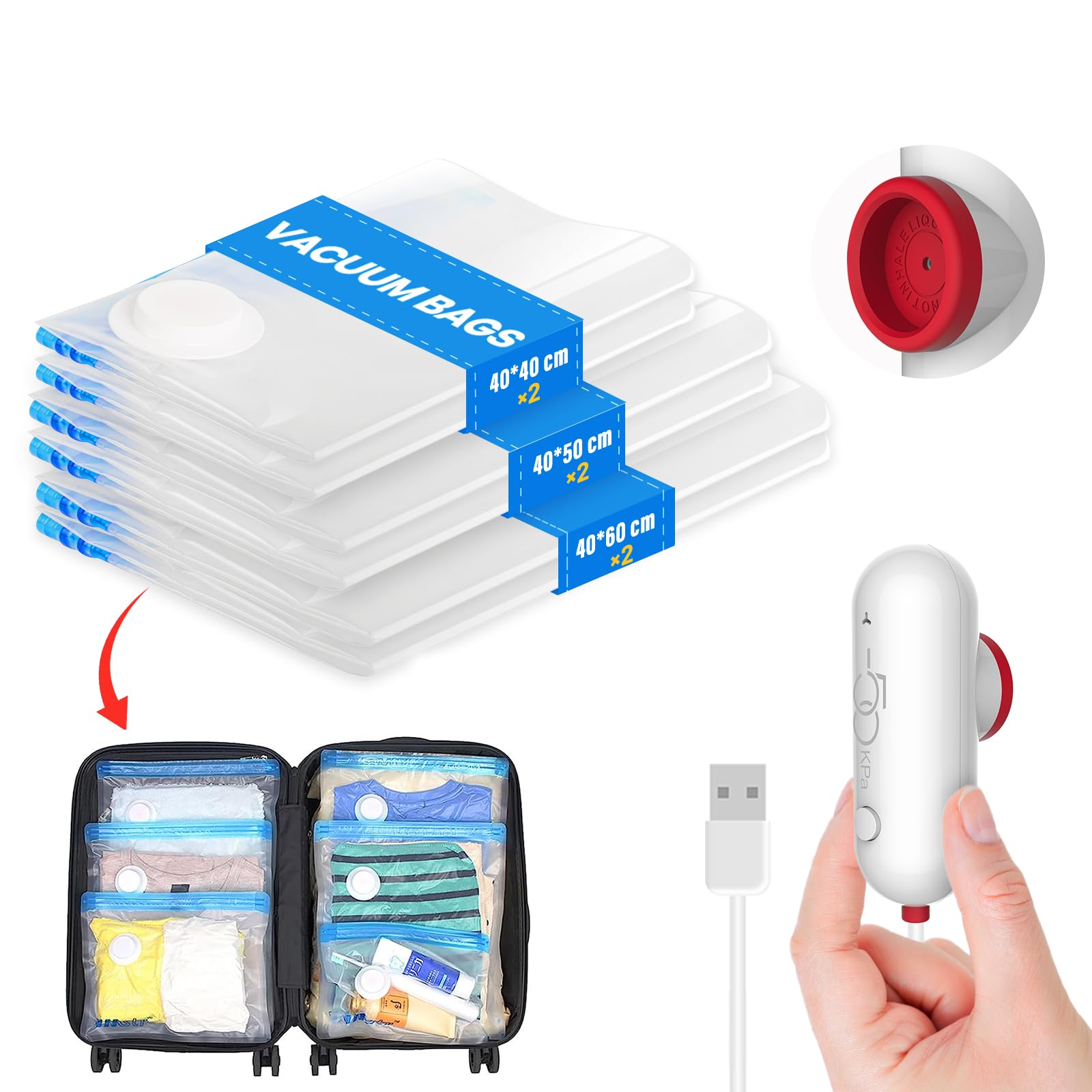 Vacbird Sacchi Sottovuoto Vestiti con Pompa Elettrica Usb, 6 Pezzi di Sacchetti Sottovuoto (2 * 40x40cm / 2 * 40x50cm / 2 * 40x60cm), Buste Sottovuoto Vestiti Riutilizzabili, Accessori Viaggio