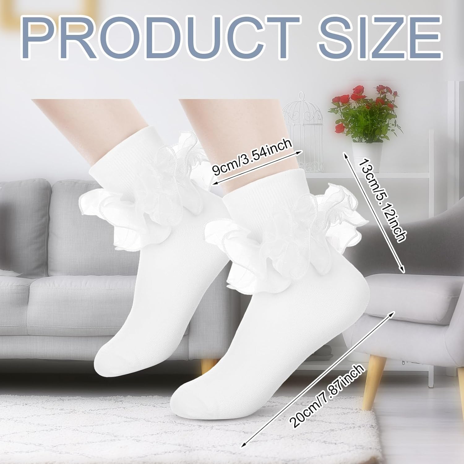 8 Pairs Women's Ruffle Ankle Socks, White Lace Cotton Frilly Socks Cute Breathable Cool Thin Sock for Women - Image 4