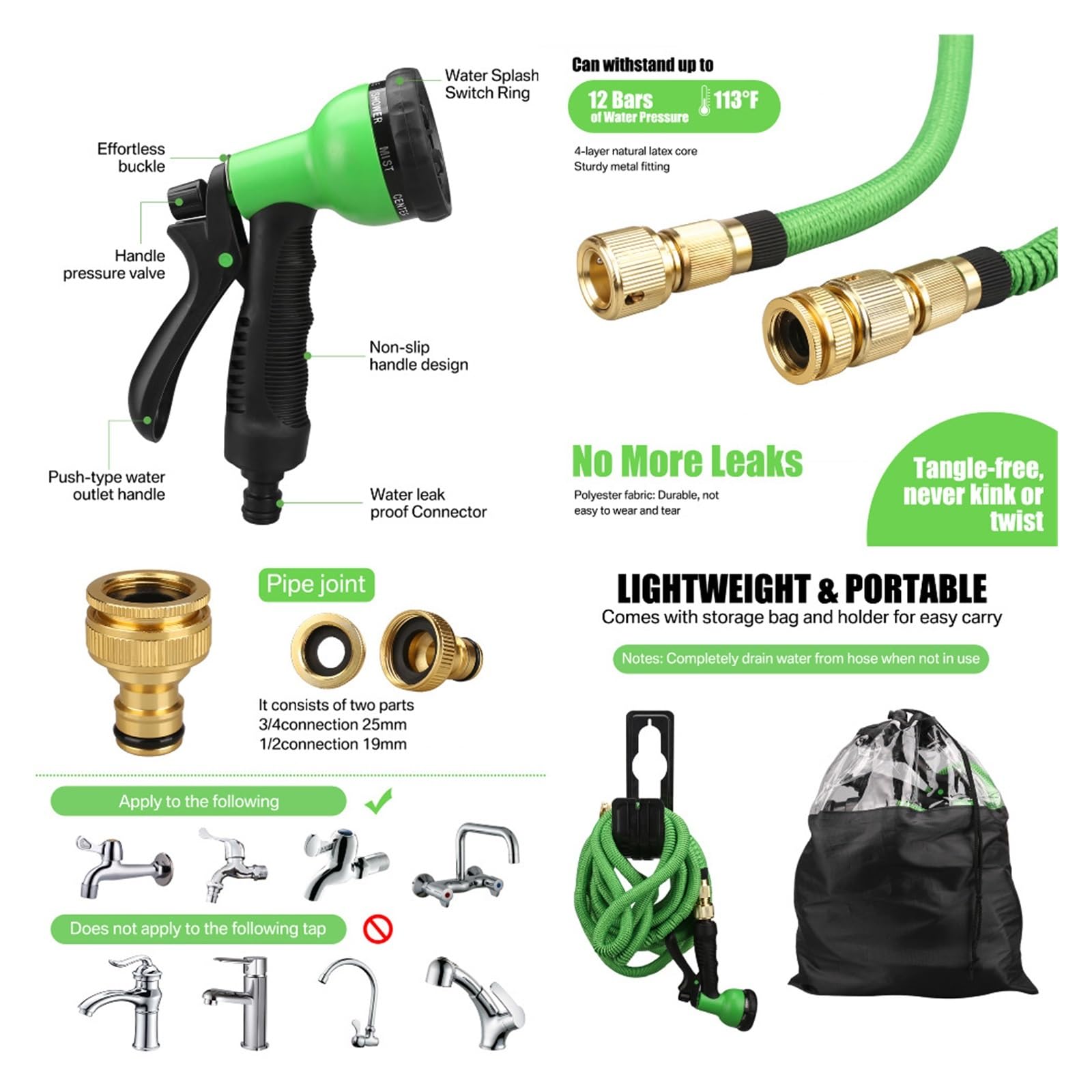 Tubo da giardino leggero espandibile Bobina ad alta pressione con doppio connettore metallico espandibile for tubo dell'acqua da giardino for il lavaggio dell'irrigazione dell'azienda agricola del gia