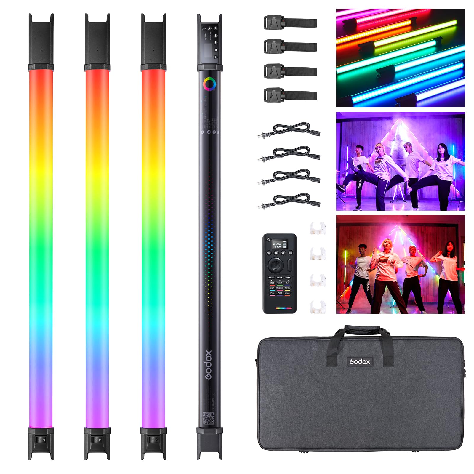 GODOX TL60 RGB Tube Light Full Color Portable RGB LED Video Light with 2600mAh Rechargeable Battery APP Control 2700K-6500K RGB CCT HSI Gel Mode 39 FX Effects (4pack TL-60)