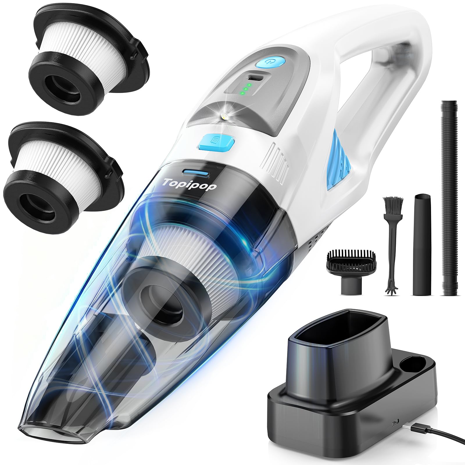 Topipop Handstaubsauger, 25000Pa Handstaubsauger Akku mit Ladestation, waschbarem HEPA Filter & 45 Min. Nutzungsdauer, inkl. LED Licht, Handsauger mit 3 Köpfe für Küche, Büro, Auto, Tierhaare(Schwarz)