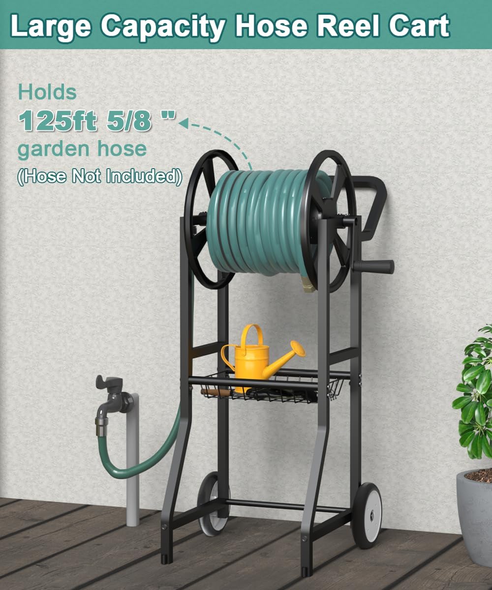 Garden Hose Reel Cart with Wheels, Outdoor Heavy Duty Powder Coated Steel Water Winder Storage Holds 125 ft 5/8" Hoses with 3.9ft Leader Hose and Basket for Backyard, Yard, Lawn, Black