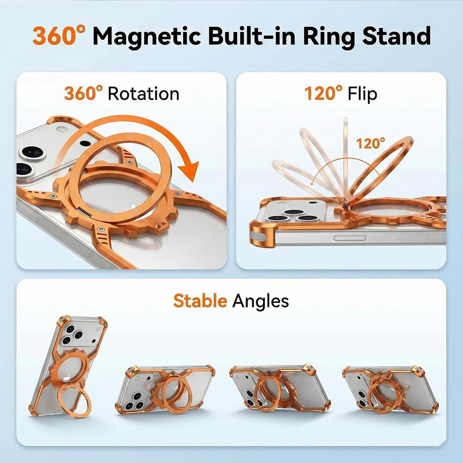for iPhone 17 Pro Max Frameless Metal Bumper Case, Open Back Aluminum Frame, Rotating Ring Stand 360, Flip 150, Compatible with MagSafe, Corner Buffer Protection, Lightweight, Orange, Titanium