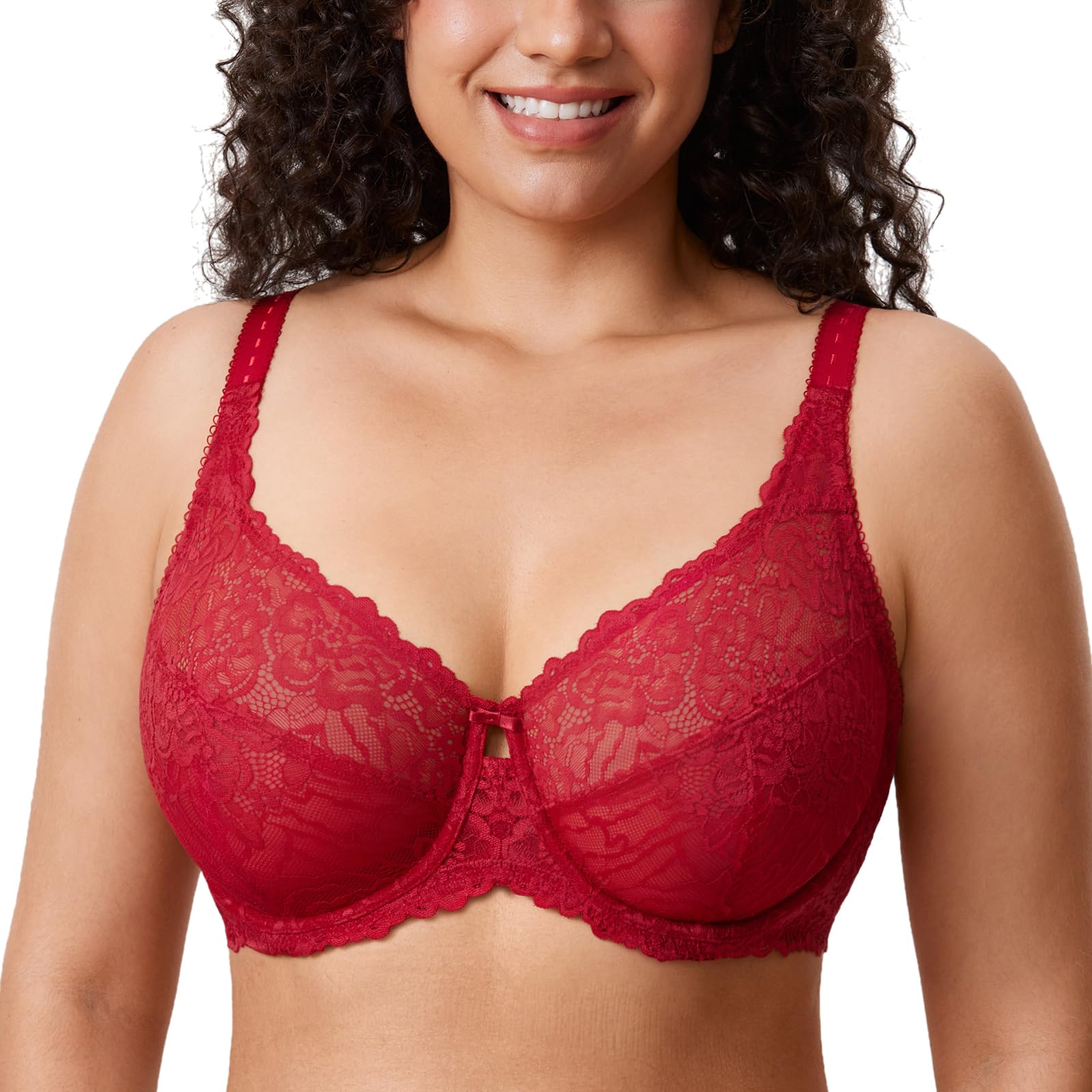 Delimira Women's Dark Red Plus Size Bra Full Coverage Minimiser Non Padded Lace Underwired Bras 36H