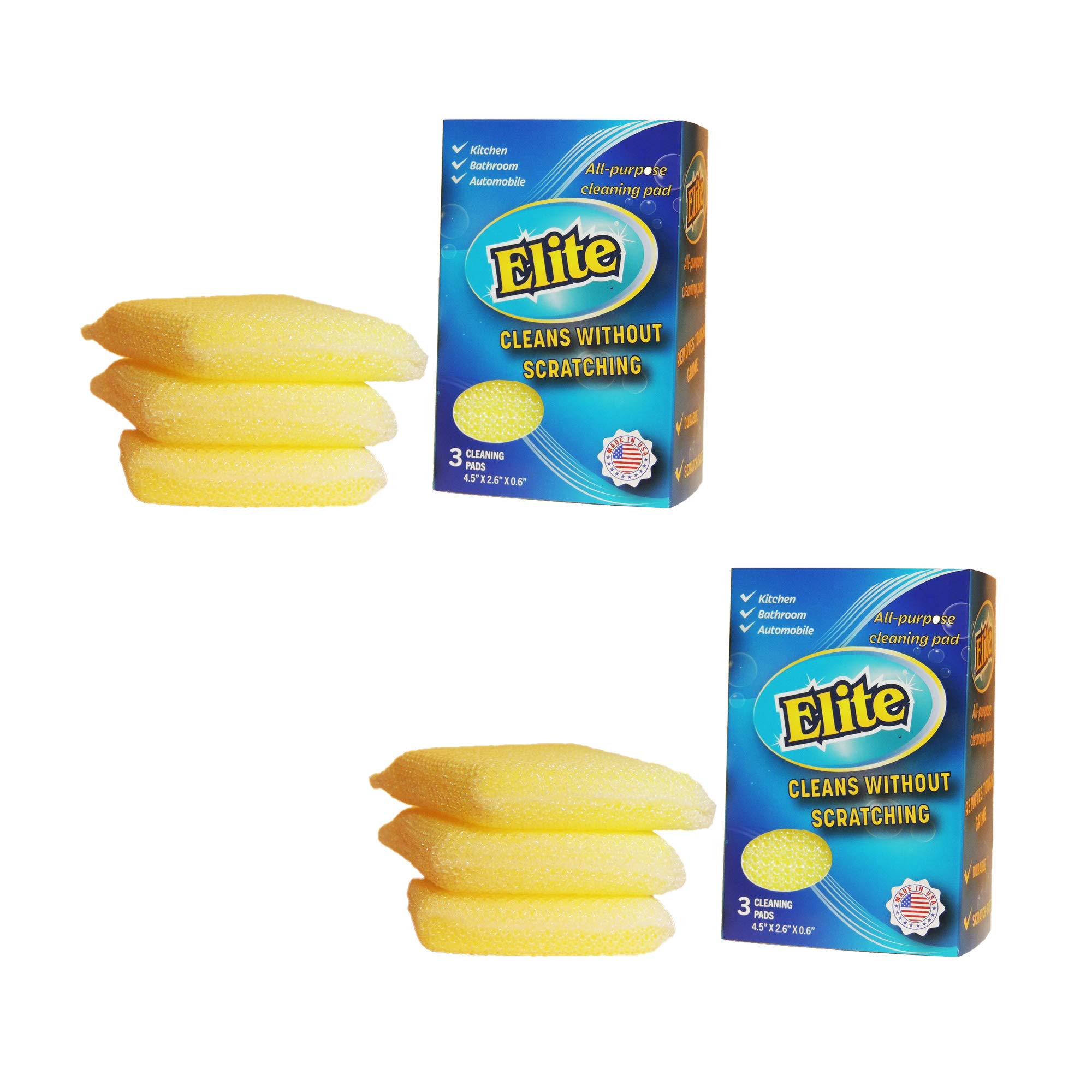 Elite All Purpose Cleaning Pad, 6 Pads (2x3pack), Non Scratch, Dish Sponge, Scrubber, Sponges for Kitchen and Household Use, Made in USA