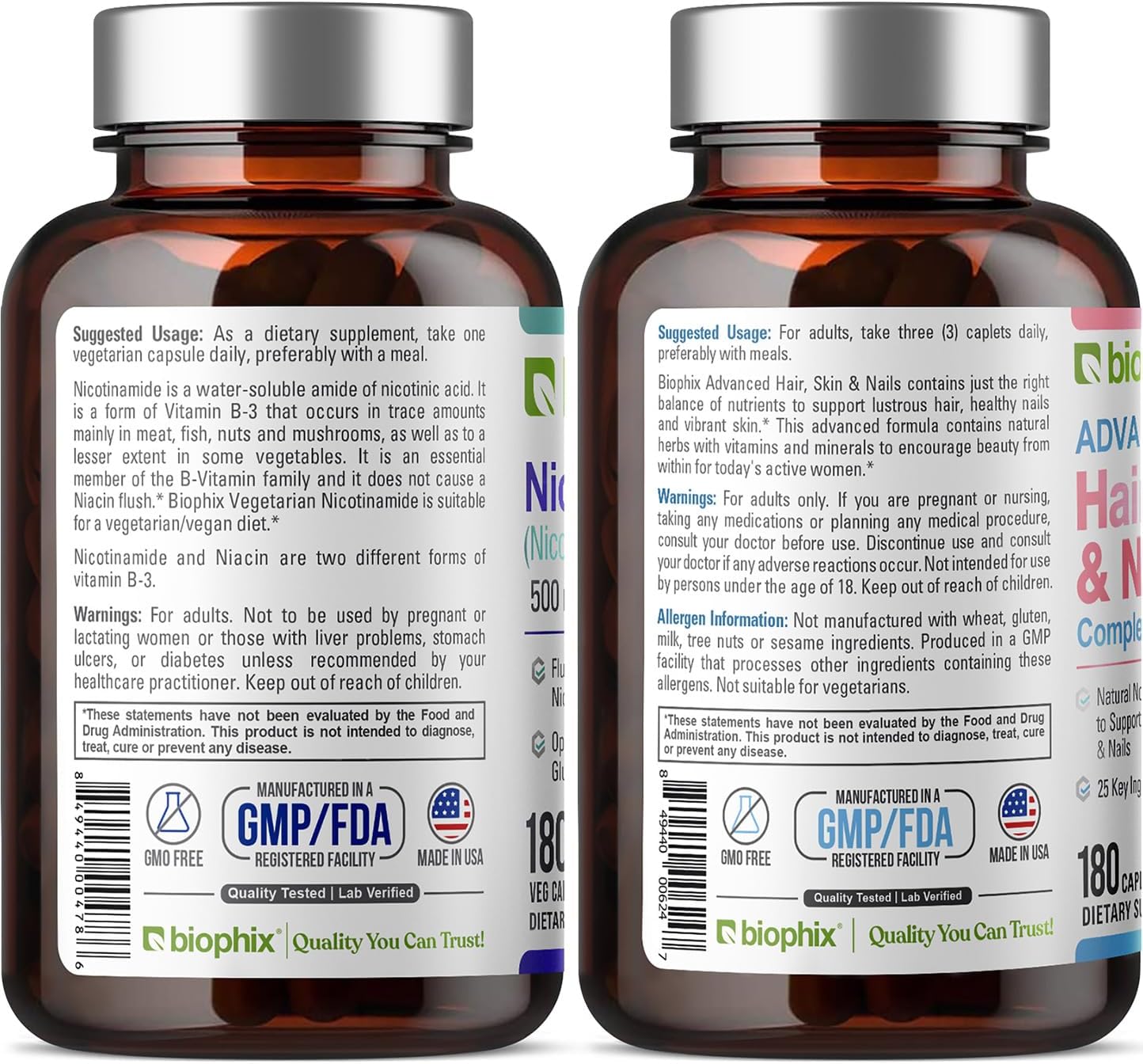 B-3 Nicotinamide 500 mg 180 Vcaps - Hair Skin and Nails 180 Caplets 10000 mcg Biotin - Nicotinic Amide Niacin Natural Flush-Free Vitamin Formula - Supports Skin Cell Health