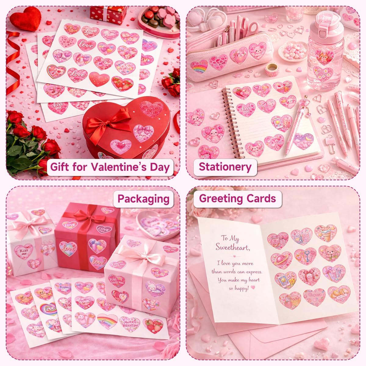 288 PCS Heart Stickers for Crafts, 24 Sheets (3 Packs), 96 Designs, Waterproof Reusable Love Stickers 1.18 in, Colorful for Valentine Cards, Scrapbooking, Gift Wrapping (P05) image 5